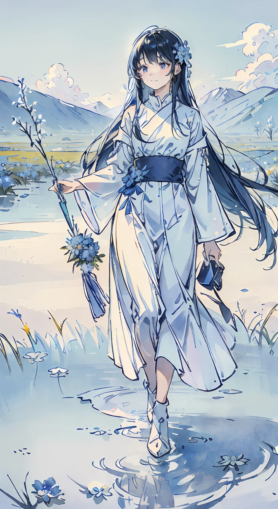 (absurdres, highres, ultra detailed, UHD, cinematic), solo, 1girl, mature, happy, girl standing in light blue flower field, light blue flower petal surrounding girl, full body, blue long hair girl, light blue hair, fantasy, dreamy, snowy, official art, pop art, profile, ultra detailed face, ultra detailed eyes, light blue flower field, ultra detailed field, white blue sky, cold, light blue, white,  nebula in the sky, blue tree, watercolor, pastel color