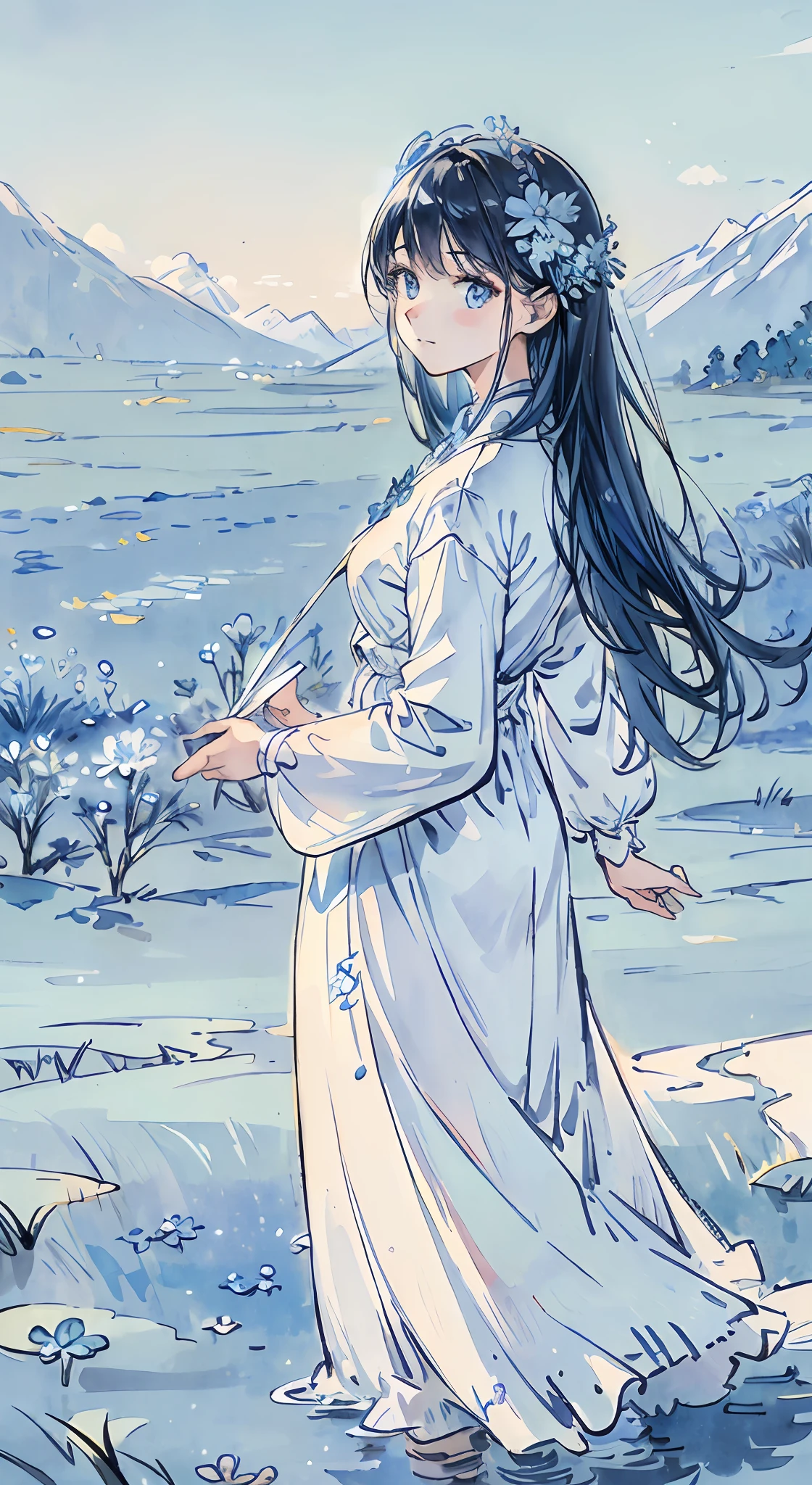 (absurdres, highres, ultra detailed, UHD, cinematic), solo, 1girl, mature, happy, girl standing in light blue flower field, light blue flower petal surrounding girl, full body, blue long hair girl, light blue hair, fantasy, dreamy, snowy, official art, pop art, profile, ultra detailed face, ultra detailed eyes, light blue flower field, ultra detailed field, white blue sky, cold, light blue, white, nebula in the sky, blue tree, watercolor, pastel color