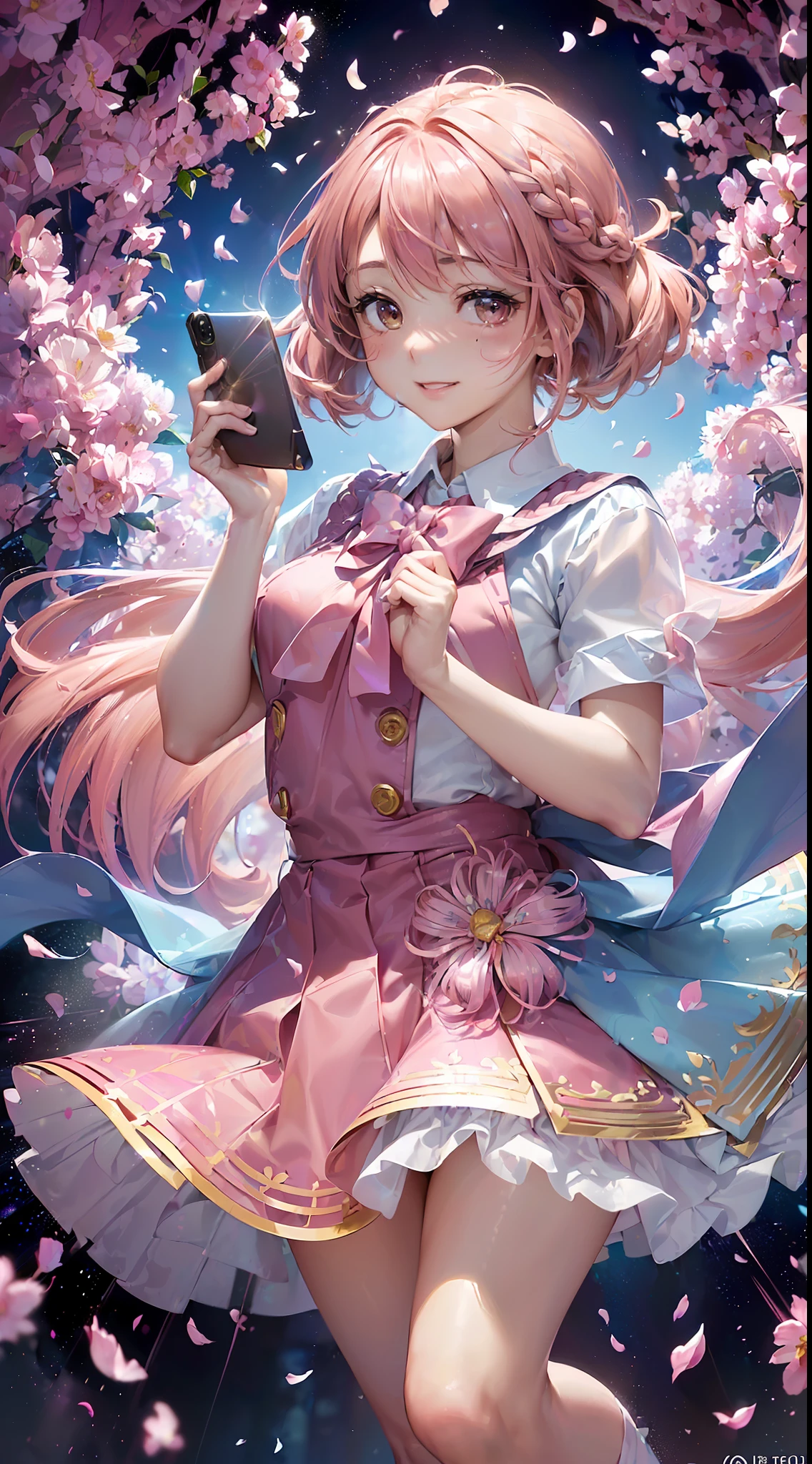 High resolution, ultra-detailed, ((((2D))), Japan person, 1 girl, 16-year-old high school girl, (((pink hair)), intricate and beautiful braided hairstyle, pink school uniform, uniform by designer, short sleeves, (bob hair), dull bangs, finely detailed eyes, golden ratio face, 8 lifents, sunlight, complex iridescent light grains, complex light reflection, beautiful petal shower, background blue sky, transparency, hidden beauty, Smiling, deep description, whole body, full of energy, looking at the viewer, fantastic description, complex attraction, tenderness overflowing from within, neon, beautiful fine petals or dancing, little skin exposure, dynamism, holding a mobile phone, carefully drawn fingers, many flowers are drawn,