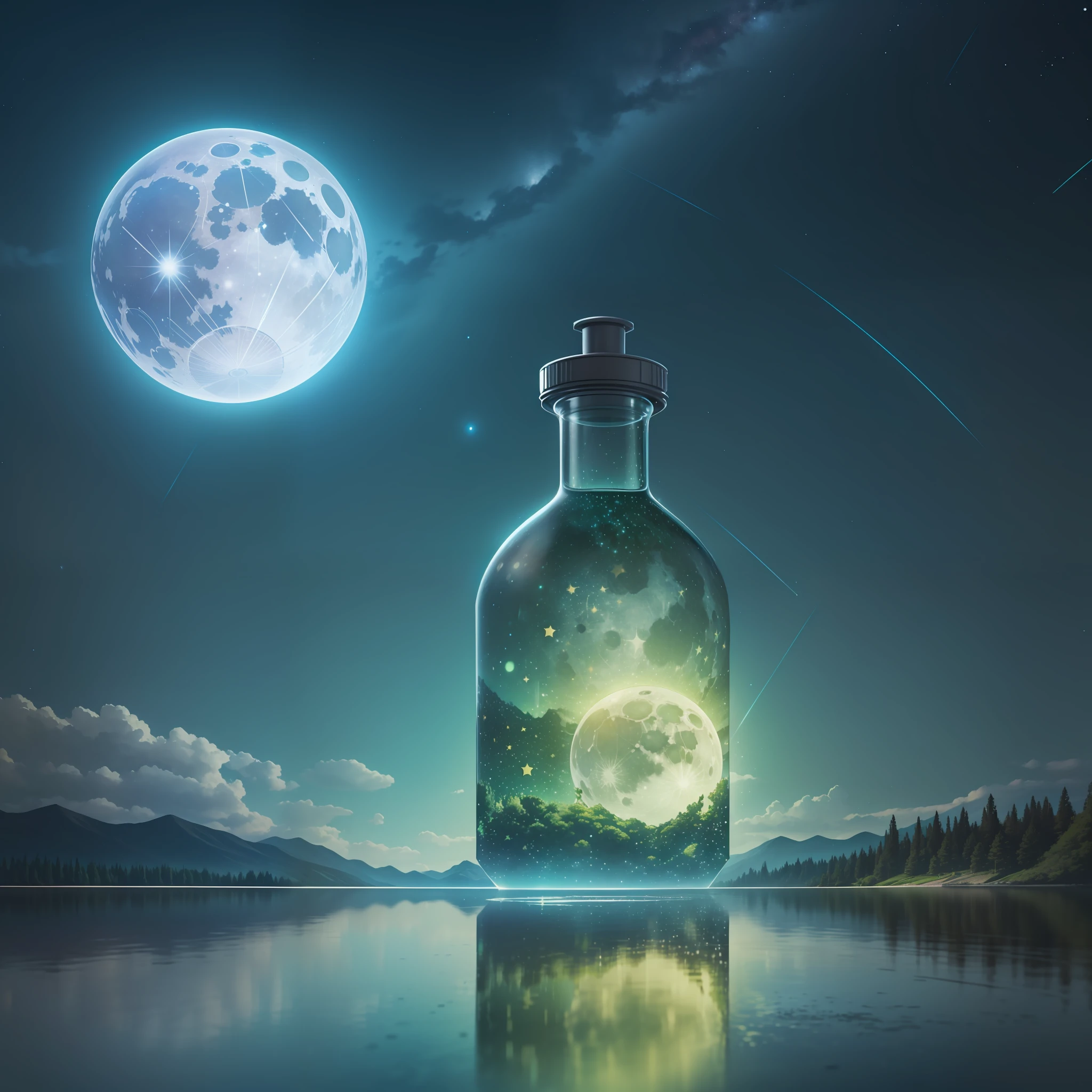 a colossal bottle which contained a majectic lake 
 very high quality and Very detailed scene 
Octane render
Starry Sky 
Dreams 
Giant green Moon 
Vaut of heaven 
Inspiration
Imagination --auto --s2