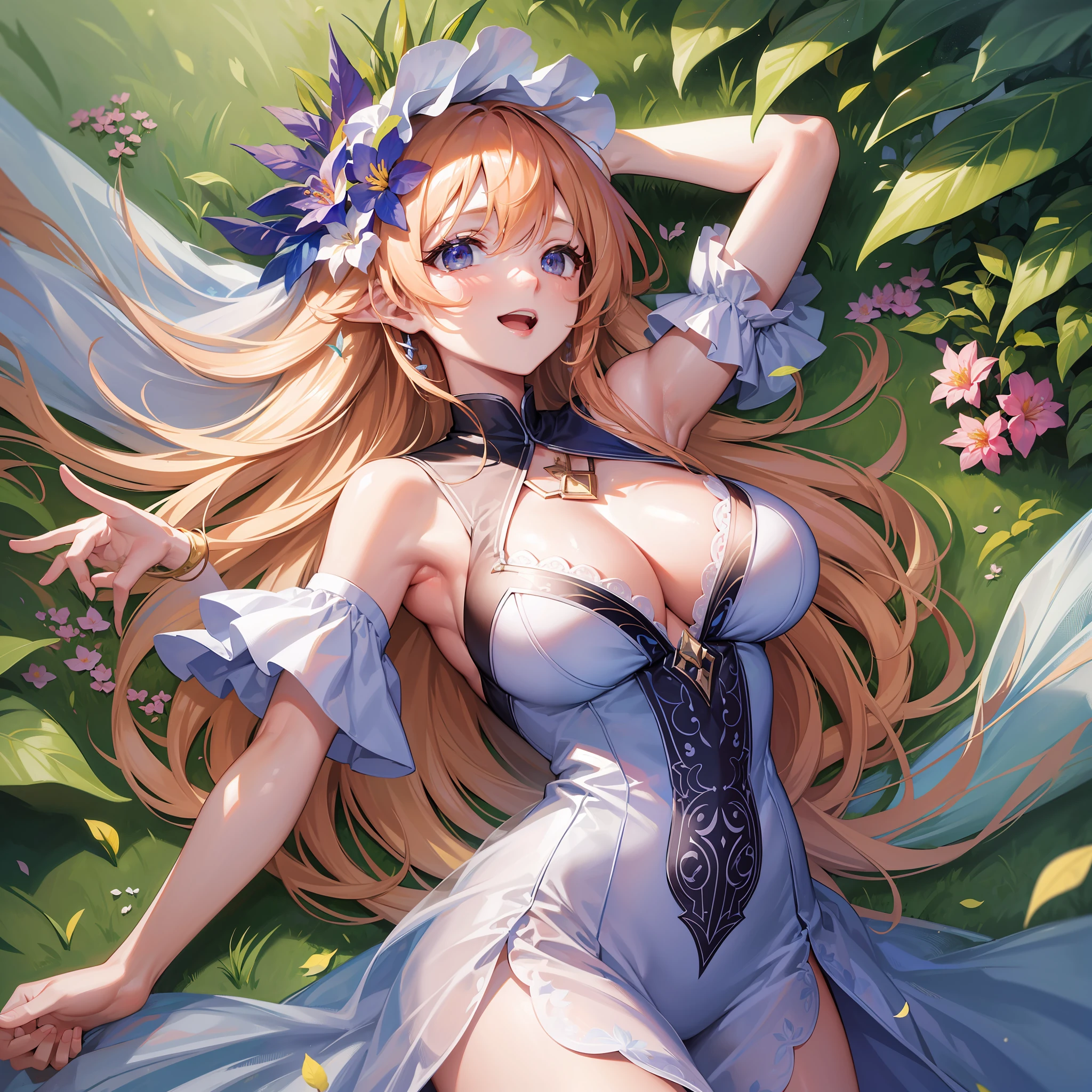 ((masterpiece, best quality)), (Highly detailed CG Unity 8k ),
 (Best quality), (Best illustration), (Best shadow) 
Nature, blue one piece dress fluttering in the wind, (Breast augmentation),
hands up over head, revealing dress,
laugh smile, she is peach color hair, 
with vibrant meticulously detailed intricate long straight hair and flowing hair,
flower with delicate leaf petals dancing, 
ultra realistic and detailed,