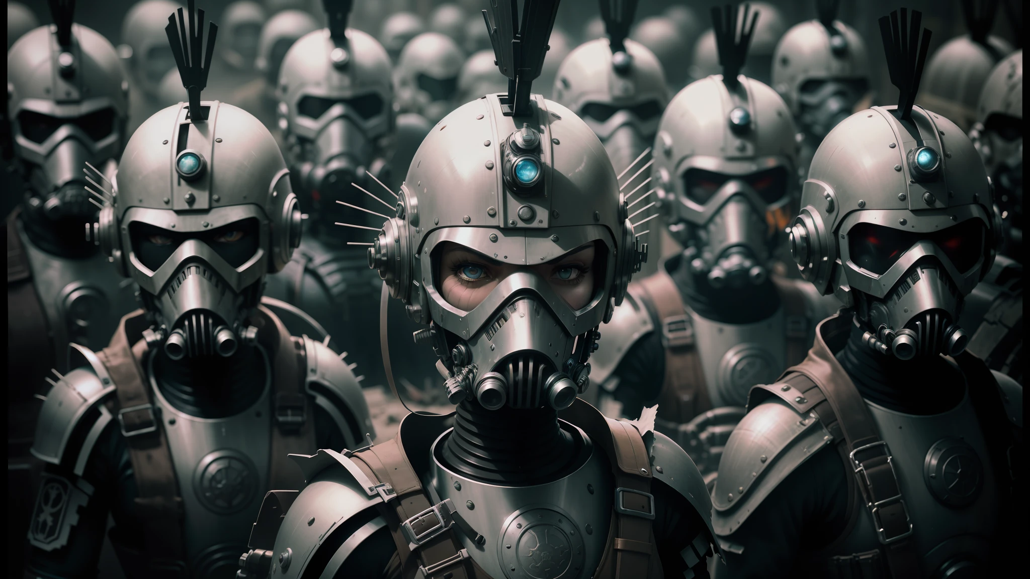 there are many people in helmets and helmets with gas masks, dieselpunk cyborgs, nekro xiii, symmetrical dieselpunk warrior, nekro iii, nekro borja, machine noir dieselpunk grimcore, movie still of aztec cyborg, nekro, highly detailed cgsociety, robot cyborgs --auto --s2