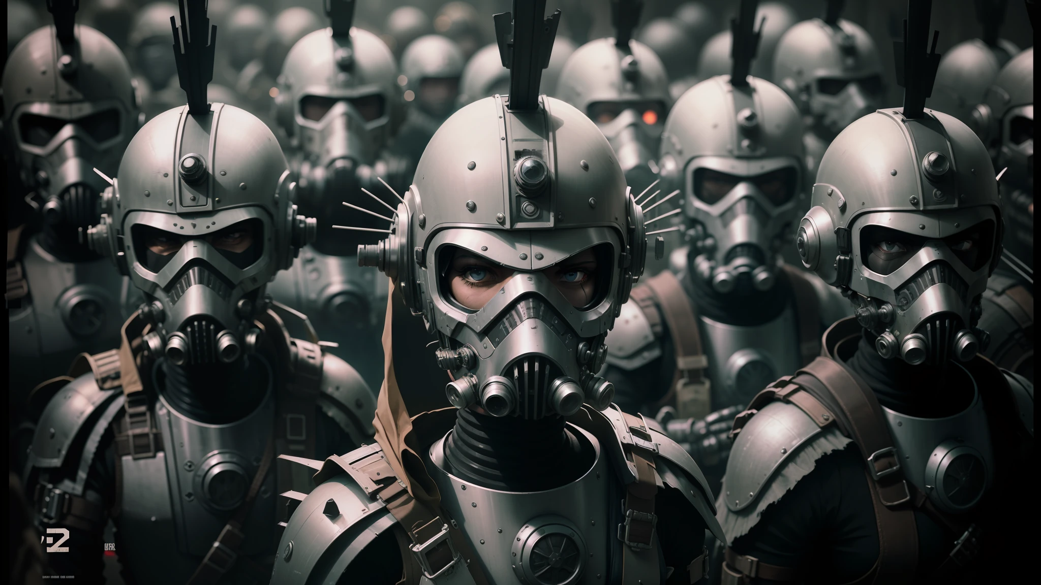 there are many people in helmets and helmets with gas masks, dieselpunk cyborgs, nekro xiii, symmetrical dieselpunk warrior, nekro iii, nekro borja, machine noir dieselpunk grimcore, movie still of aztec cyborg, nekro, highly detailed cgsociety, robot cyborgs --auto --s2