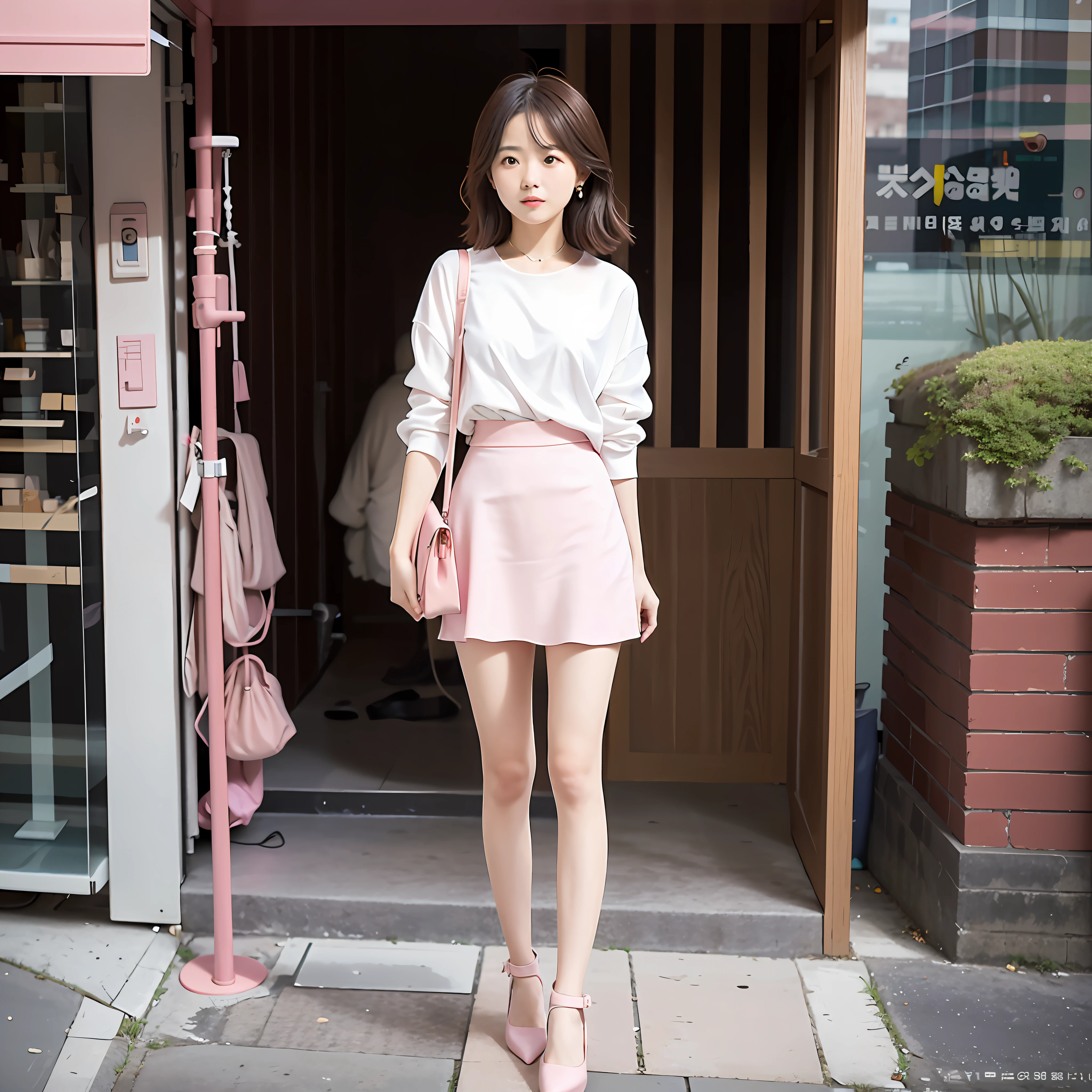 araffe woman in a pink skirt and white shirt is standing outside of a building, feminine in cute pastel shades, taken with canon eos 5 d mark iv, taken with canon 5d mk4, korean women's fashion model, sakimichan hdri, taken with canon 8 0 d, pink skirt, feminine in pastel shades