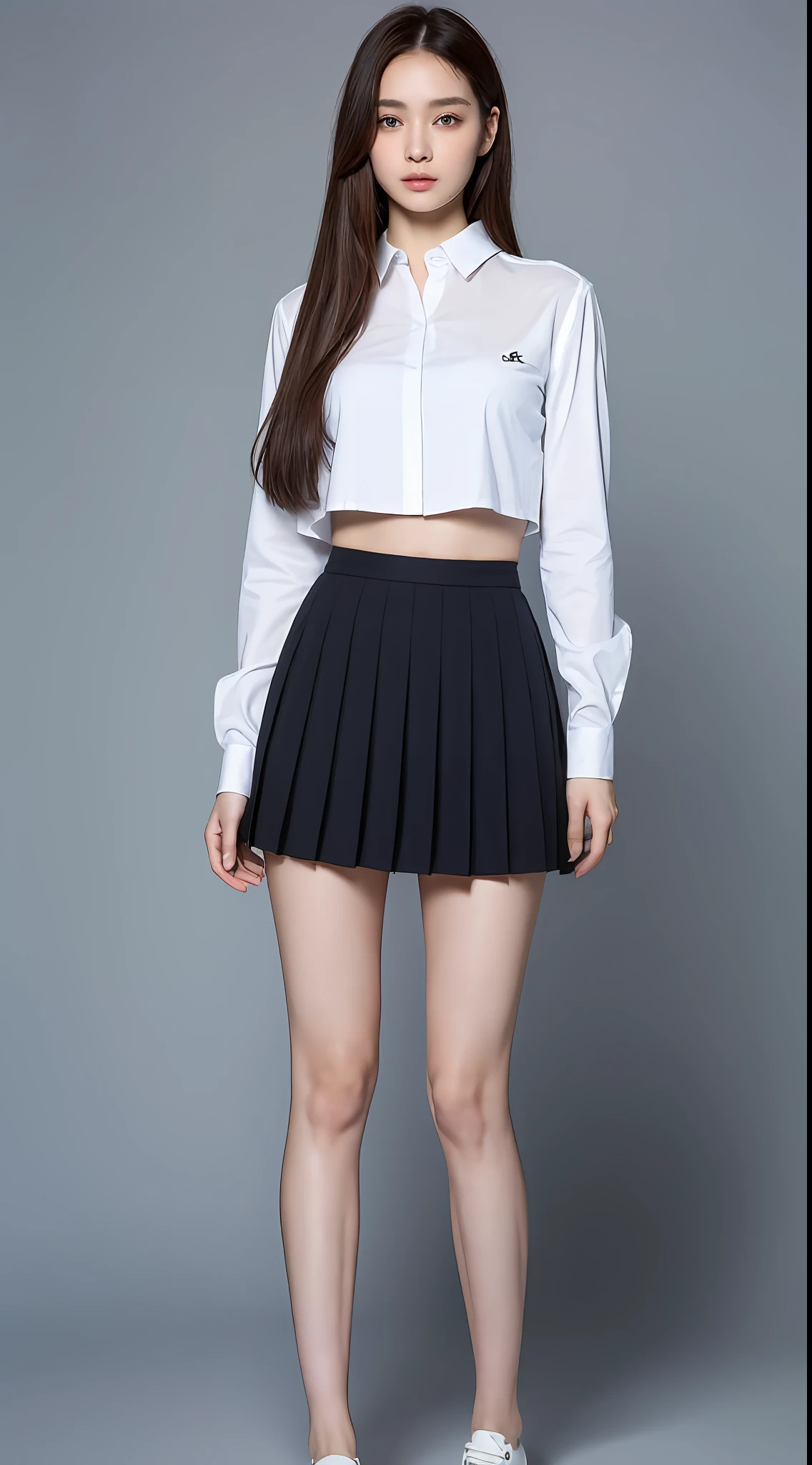 ((Top Quality, 8k, Masterpiece: 1.3)), 1 girl, Beauty with slender abs: 1.3, (Long hair, big: 1.2), White shirt see-through: 1.1, Ultra detailed face, detailed eyes, double eyelids, , Uniform, Black pleated skirt, full body, Navel, Beautiful legs