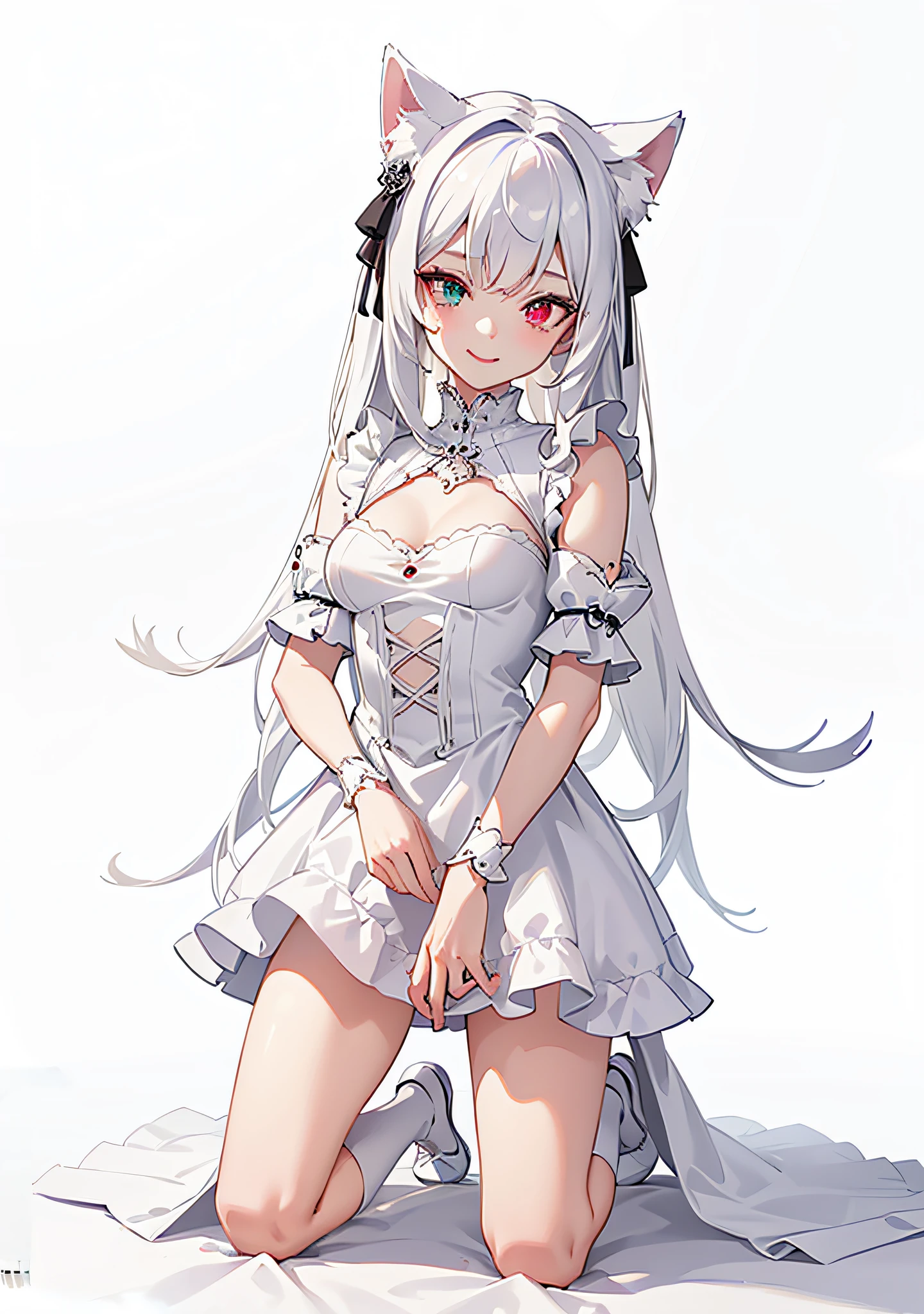 (ultra detailed) ,(high res), (masterpiece), 1girl kneeling down, smiling, white hair, wearing s gothic fashion style outfit and shoes, kitsune girl, mature body, right eye red, left eye purple, glossy eye, medium breast, (intricately detailed eyes), Heterochromia, cat ears, intricately detailed long dress cloth, small gothic hat, classy, (4k)