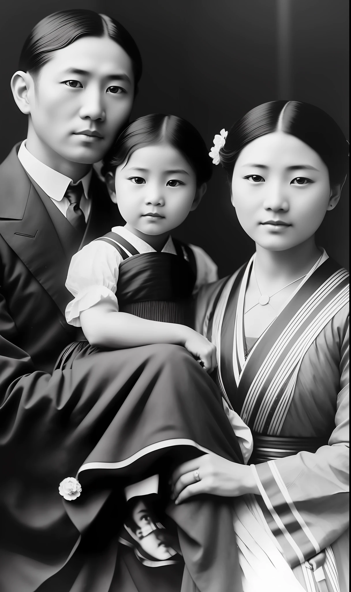 Imagine ((8k:1.27), best quality, masterpiece, ultra highres:1.2) Photo of an early twentieth-century immigrant Japanese family, (beautiful:1.1) (immigrants:1.1) elegant, (monochrome), detailed, metric by Greg Rutkowski and Alphonse Mucha, gradient lighting. --auto --s2