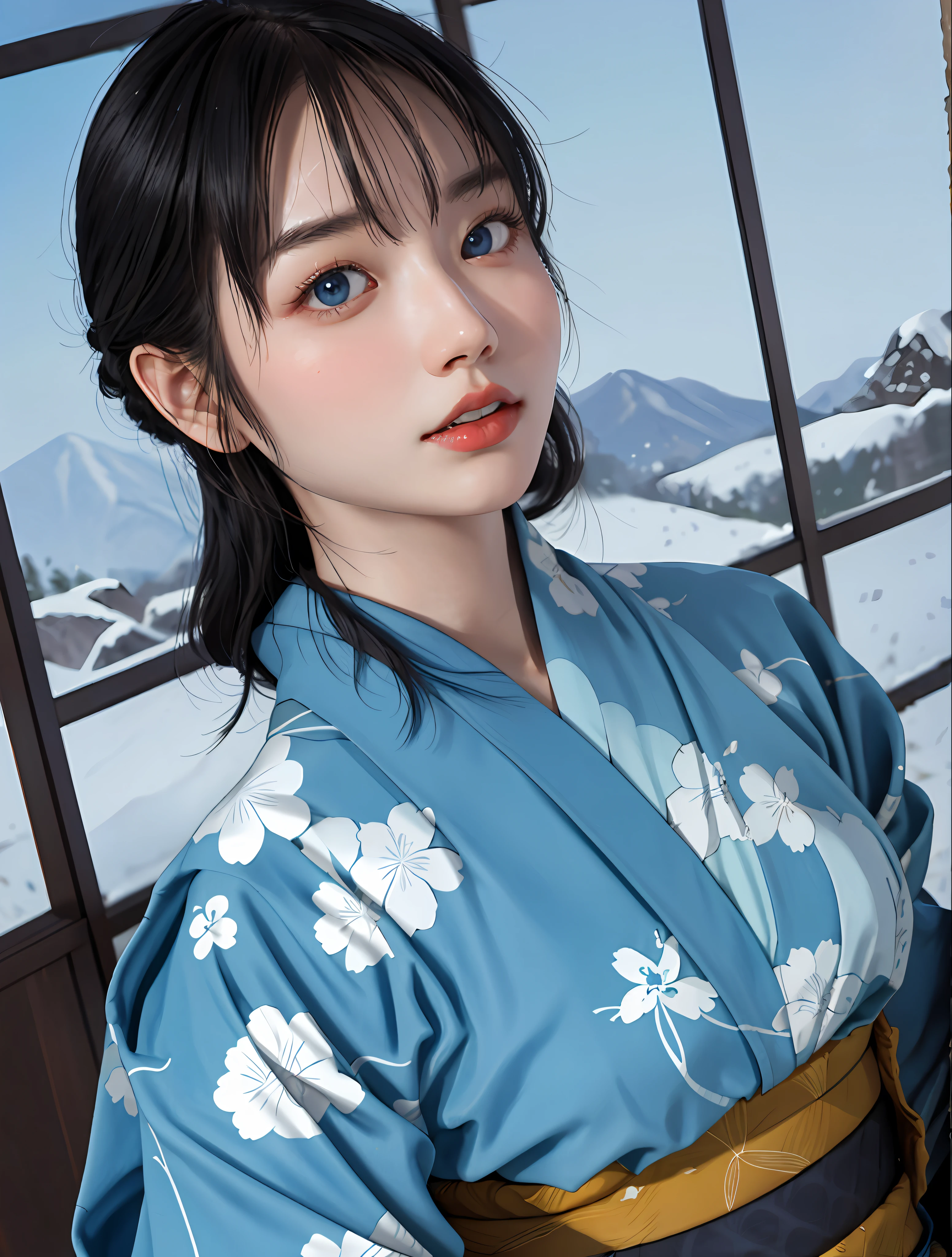 best quality, masterpiece,Black hair, blue eyes, looking up, upper body, korean girl, kimono,