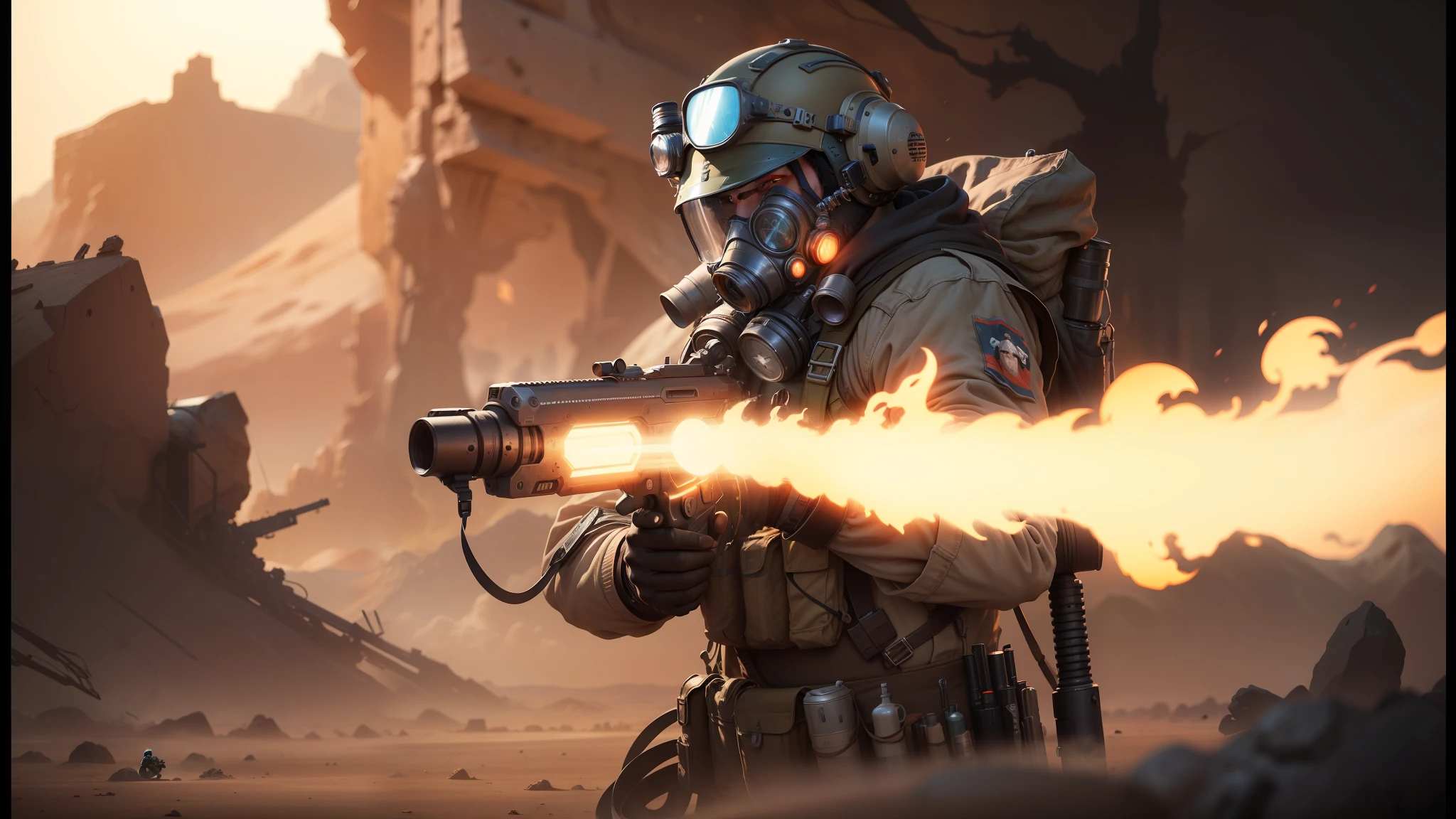 arafed man in gas mask with a gun in desert, cgsociety 9, trending on artstation 4k, realistic apocalyptic war scene, epic sci-fi character art, epic sci - fi character art, trending on artstationhq, trending on cgstation, space soldier on mars with a gun, trending on artstationh, guillem h. pongiluppi --auto --s2