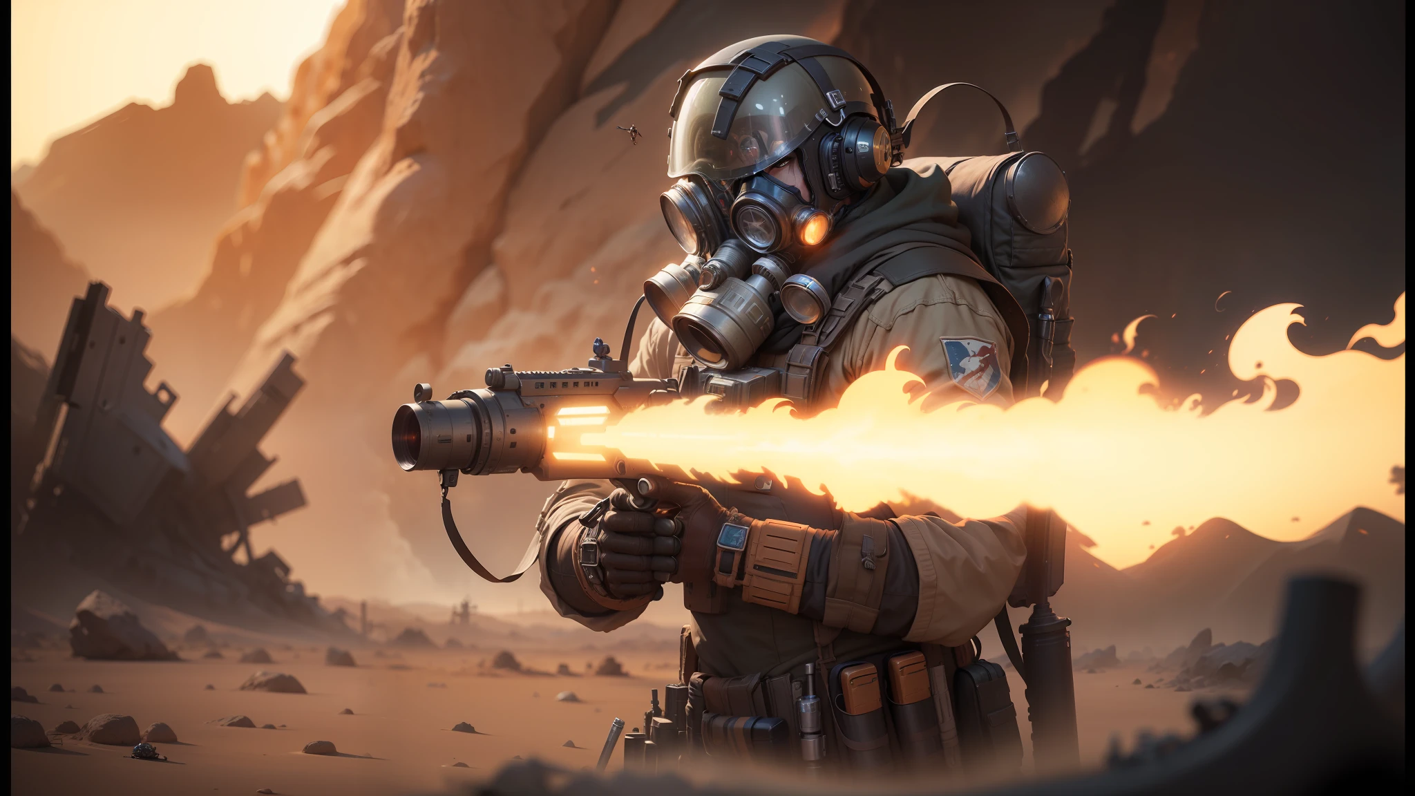 arafed man in gas mask with a gun in desert, cgsociety 9, trending on artstation 4k, realistic apocalyptic war scene, epic sci-fi character art, epic sci - fi character art, trending on artstationhq, trending on cgstation, space soldier on mars with a gun, trending on artstationh, guillem h. pongiluppi --auto --s2