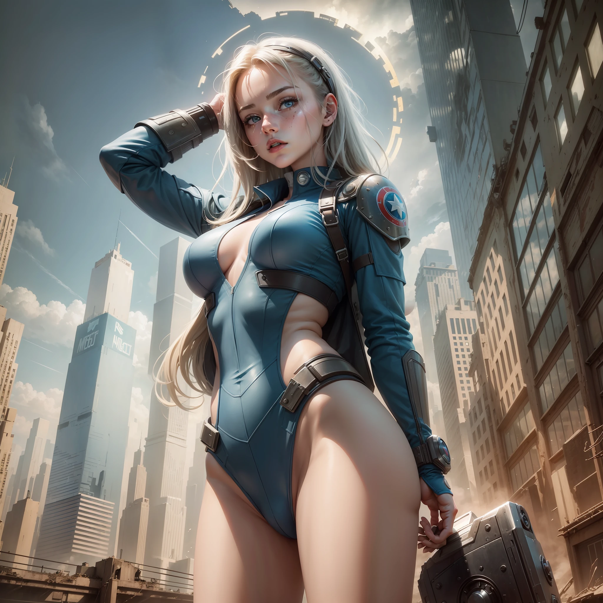 (1girl:1.3), solo, __body-parts__, official art, unified 8k wallpaper, super detailed, beautiful and aesthetic, beautiful, masterpiece, best quality, raw, masterpiece, super fine photo, best quality, super high resolution, photorealistic realism, sunlight, full-body portrait, amazing beauty, dynamic pose, delicate face, vibrant eyes, (from the front), she wears a futuristic Captain America jersey, blue color scheme, (holding a shield), A capital letter A on chest, very detailed abandoned warehouse background, detailed face, detailed complex busy background, messy, gorgeous, milky white, highly detailed skin, realistic skin details, visible pores, sharp focus, volumetric fog, 8k uhd, DSLR camera, high quality, film grain, fair skin, photo realism, lomography, huge metropolis in future dystopia, as seen from below, (no clothes) --auto --s2