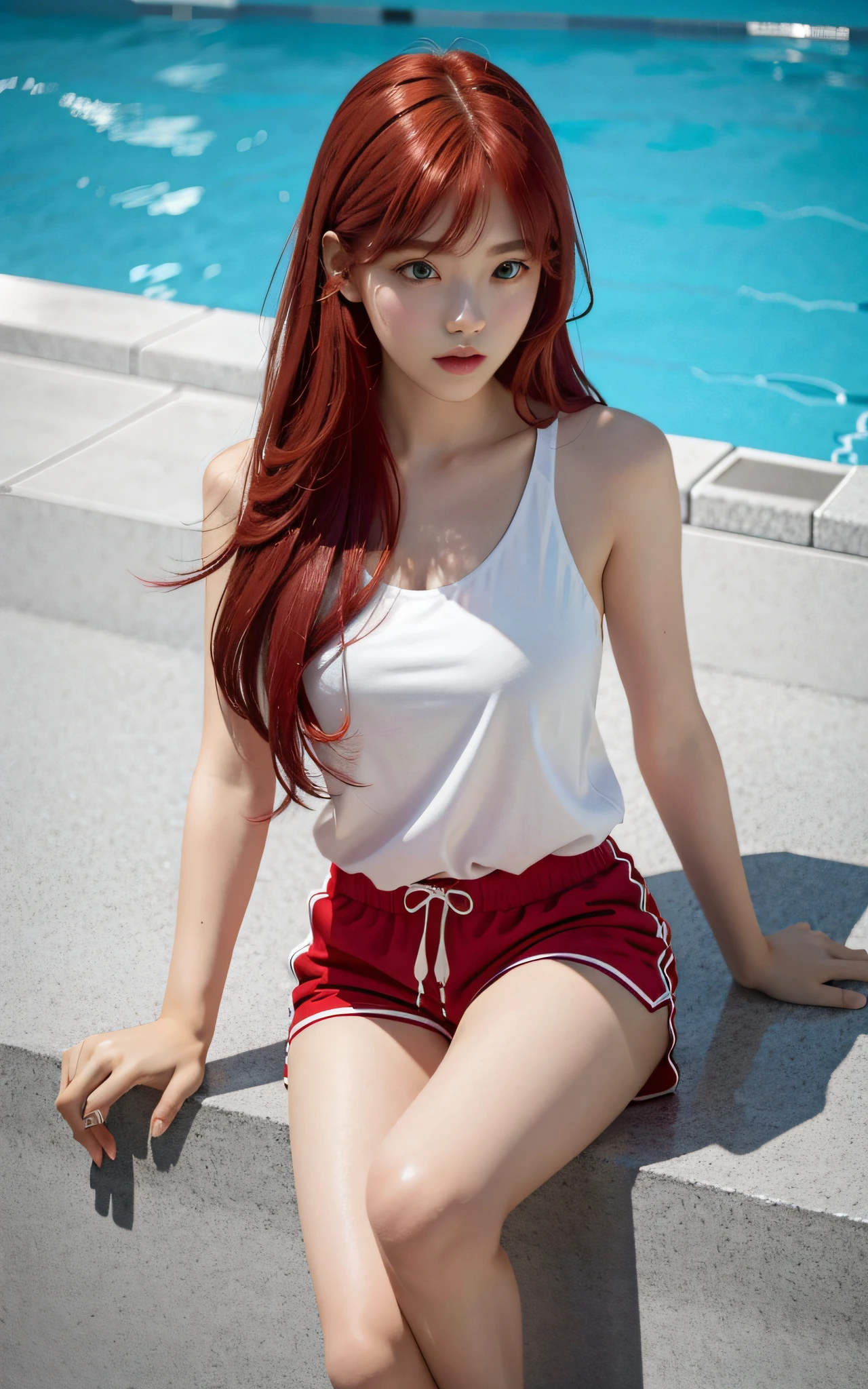 a woman in a white tank top and red short pants is swim in the pool, simple style, wearing elegant casual clothes, muted red, simple clothes, milk and red style, casual clothing style, modern fashion outfit, wearing a fisher , casual modern clothing, inspo, red clothes, red short pants, neutral tones, red and white color scheme, casual business outfit, scary face, nike shoes, 22 years old, adult face, long hair, ((red hair))