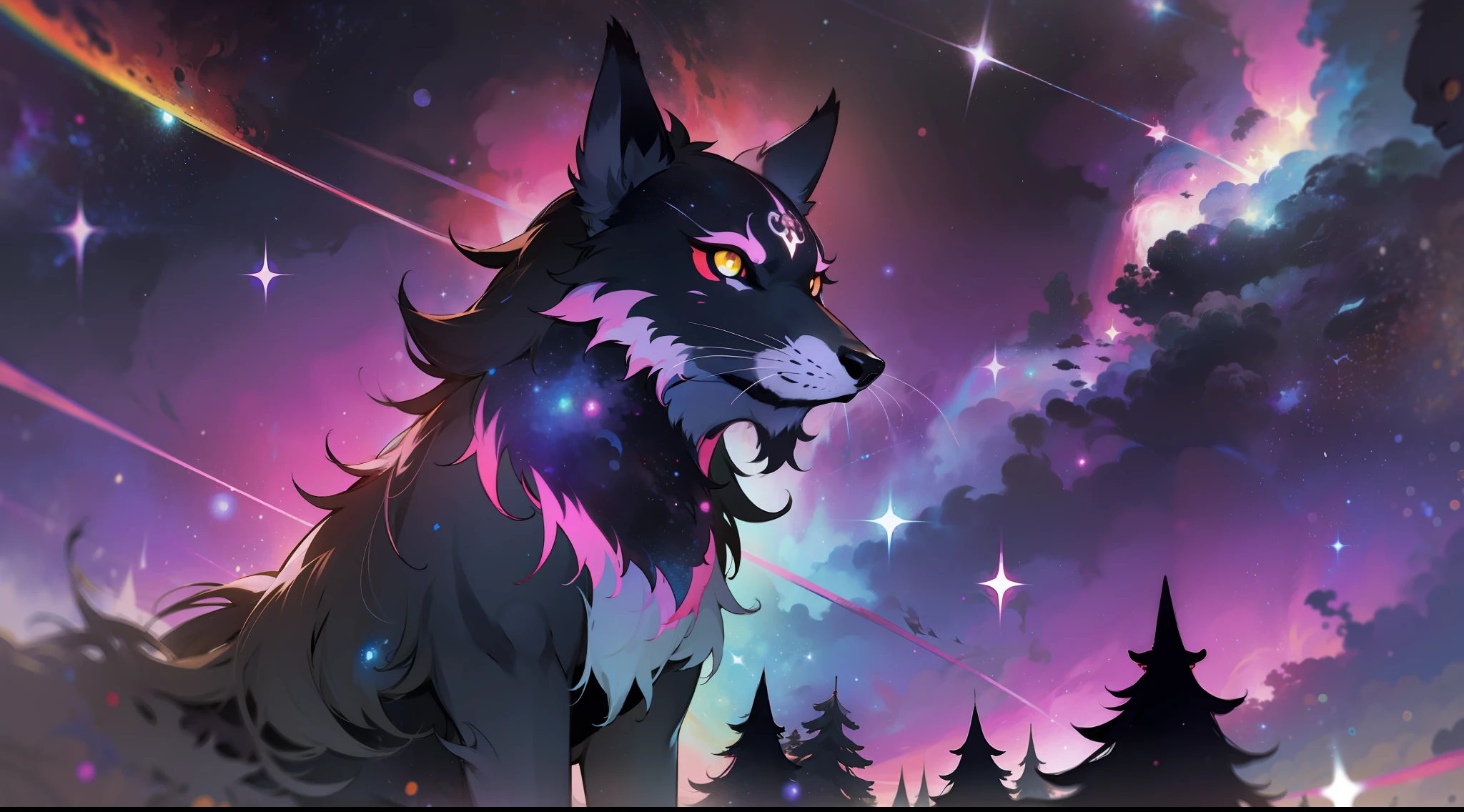 Mononoke hime with black wolves, in rainbow colored cosmic nebula background, stars, galaxies