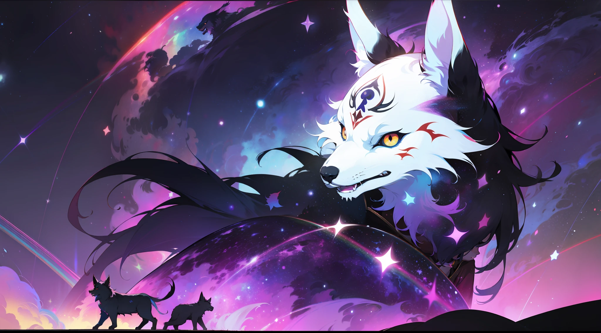 Mononoke hime with black wolves, in rainbow colored cosmic nebula background, stars, galaxies