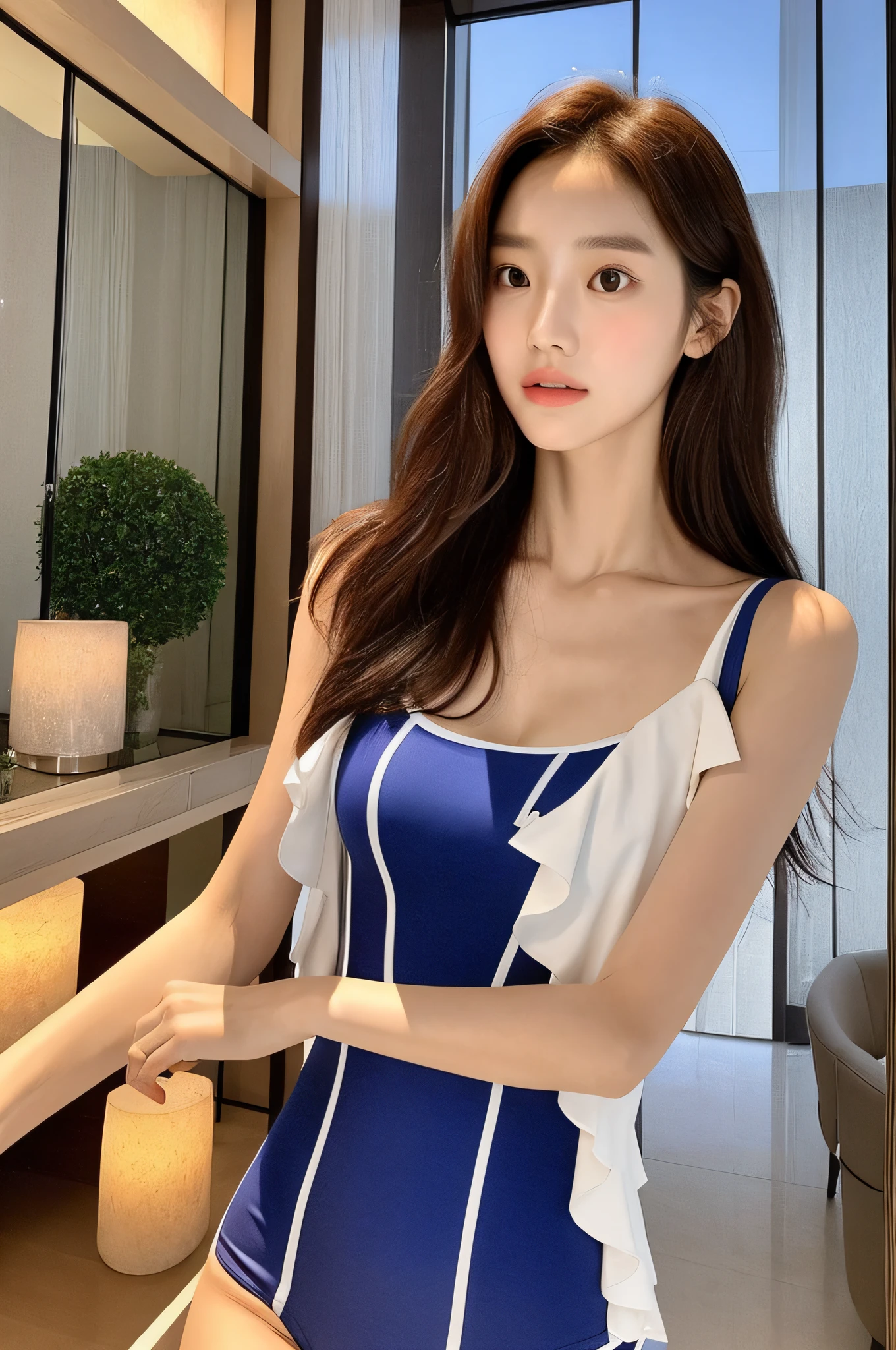 sonyoonjoo, 1girl, solo, realistic,:1.6, (masterpiece, pretty people,), detailed skin texture, exquisite and detailed face, masterpiece, collarbone, slim waist, slimming, swimsuit. Luxury hotel background