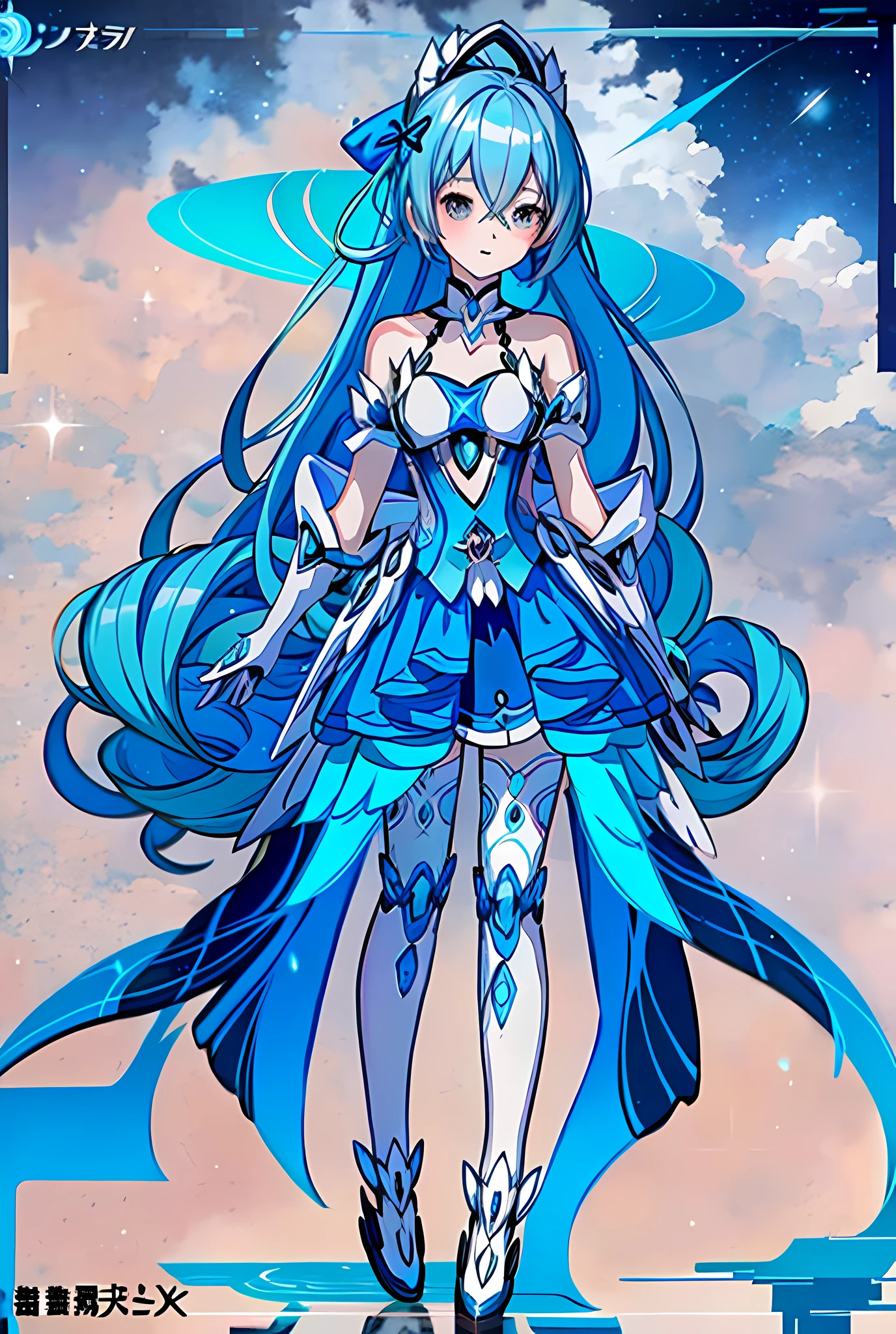anime girl in a dress with blue hair and a bow, cute anime waifu in a nice dress, official character art, astral witch clothes, clear outfit design, lunar themed attire, rem rezero, pretty anime character design, ( ( character concept art ) ), full body adoptable, anime full body illustration, costume with blue accents, beautiful celestial mage, celestial aura