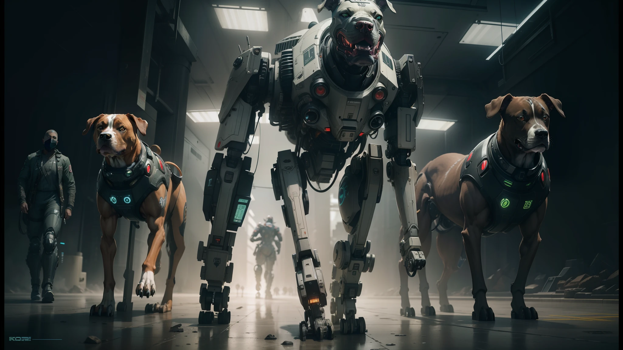 there are three dogs that are walking in a line, industrial mechanical robot dogs, still from alita, vore station borg hound, cgsociety 9, mecha hound, love death and robots, from a 2 0 1 9 sci fi 8 k movie, boston dynamics robots, robot dog, medical mecha canine, love death + robots, cyborg - pitbull --auto --s2