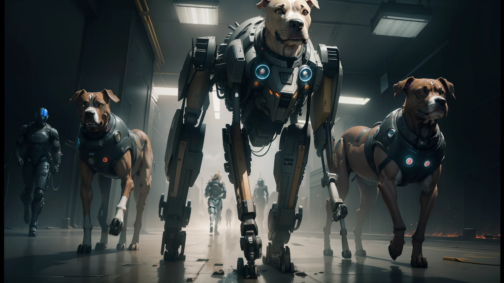 there are three dogs that are walking in a line, industrial mechanical robot dogs, still from alita, vore station borg hound, cgsociety 9, mecha hound, love death and robots, from a 2 0 1 9 sci fi 8 k movie, boston dynamics robots, robot dog, medical mecha canine, love death + robots, cyborg - pitbull --auto --s2