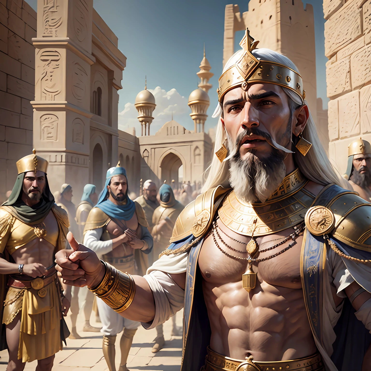 a Babylonian king declaring something in front of Babylonians, magnificent palace and Babylon city background, dust, people hearing him, bunch of guards on the king side, hd, realistic, masterpiece --auto --s2