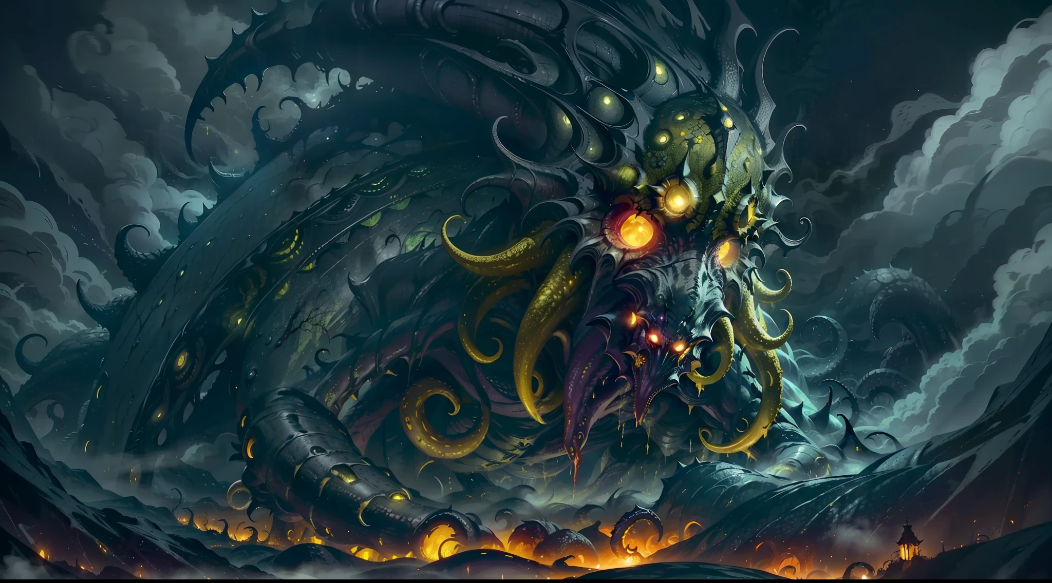 yellow and black, mystical monster, cosmic horror, monstrous creature, Lovecraft, with disgusting tentacles, surrounded by yellow fog, dark shadows, moss and blood, in a dark city, night