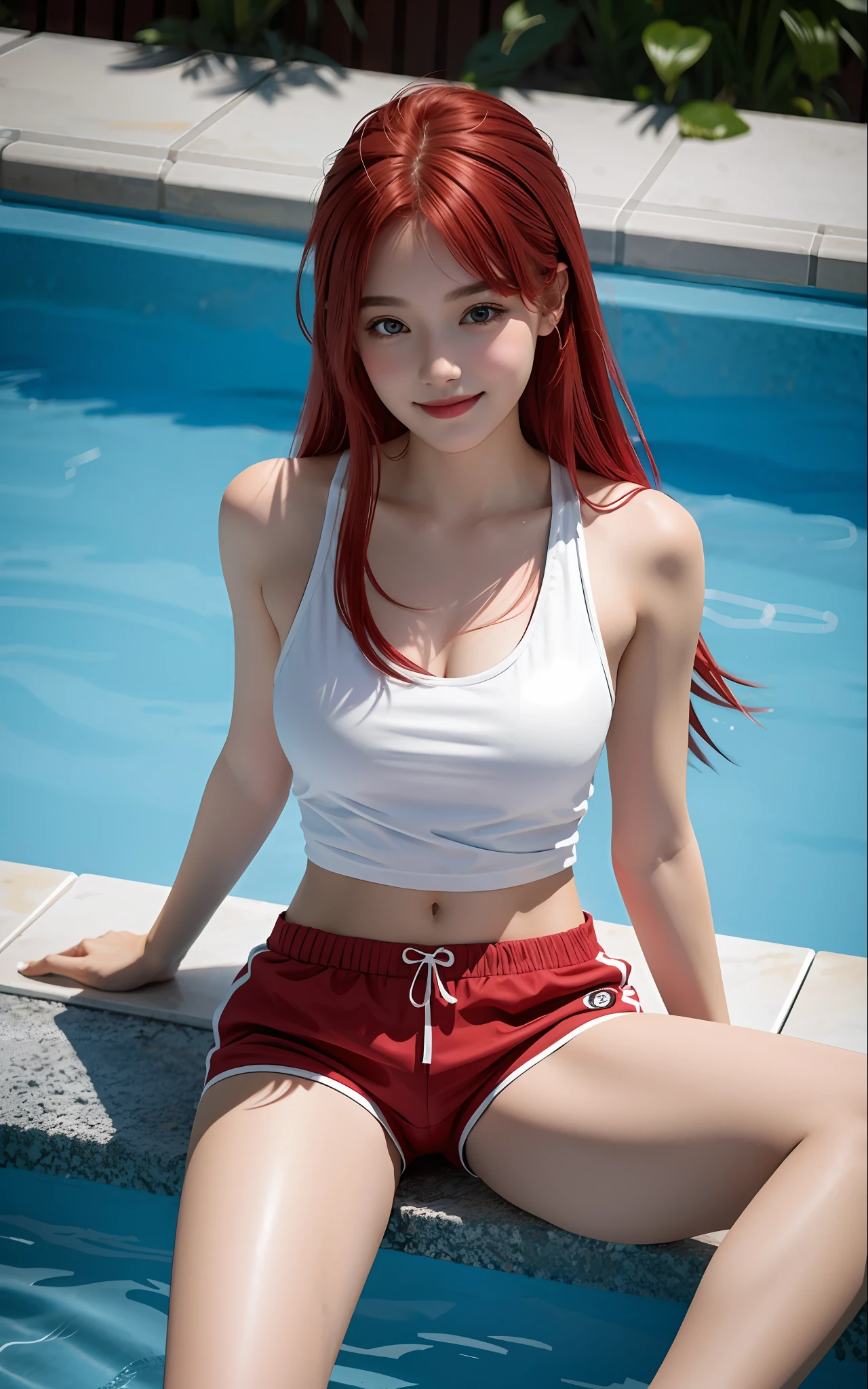 8k, Best Quality, (Beauty), High Definition, Realistic, Real Person, Woman in White Tank Top and Red Shorts Swimming in Pool, Tank Top Short So You Can See Your Stomach, Big, Long Beautiful Legs, Waist Constriction, Calm Red, Neutral Tones, Red and White Color Scheme, 22 Years Old, Adult Face, Long Hair, (((Red Hair)), Smile,