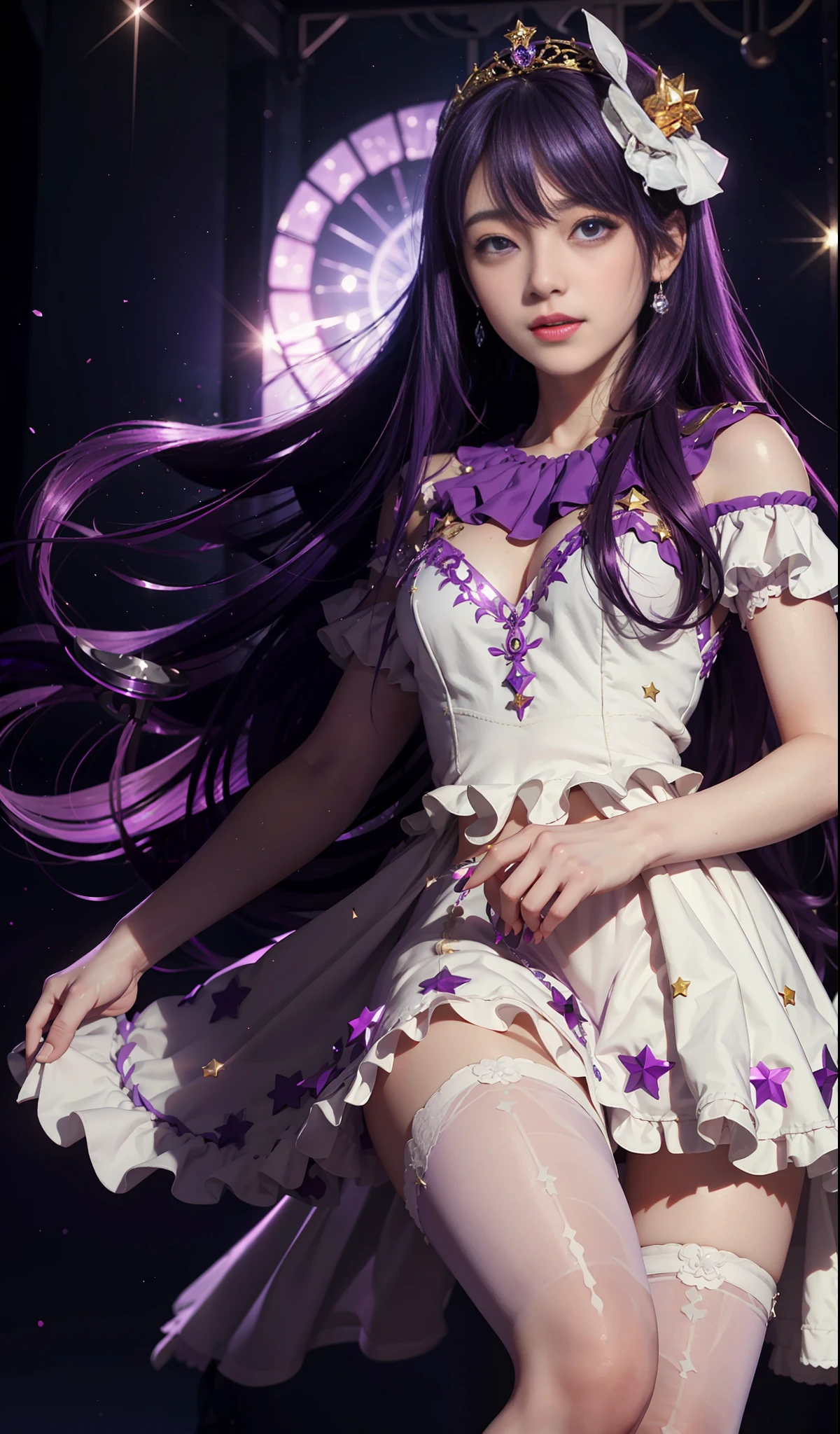 (Purple gloves: 1.4), (20 years old) (1 Girl: 0.6) Ai Hoshino, (Girl in Purple Dress, Idol Style, Anime Moe Art Style), (Movie Quality: 0.3), Anime Girl, Singer, Purple Eyes, (Star Pupil) Magical Girl, Zero Sauce Art, (White Clothes), Short Purple Hair, Bare Legs, (Stars), (Exquisite Facial Features: 0.6), Head Decoration, (Delicate Hands: 0.9), White Dress, (Big Eyes: 0.5), Singing, Smiling, Stage Lighting, Standing, High Heels, (Pattern Decoration on the Head), Normal head, (tall long legs: 0.8), (long purple hair: 0.5), (shawl radiance), (diamond shine: 0.9), standing, singing