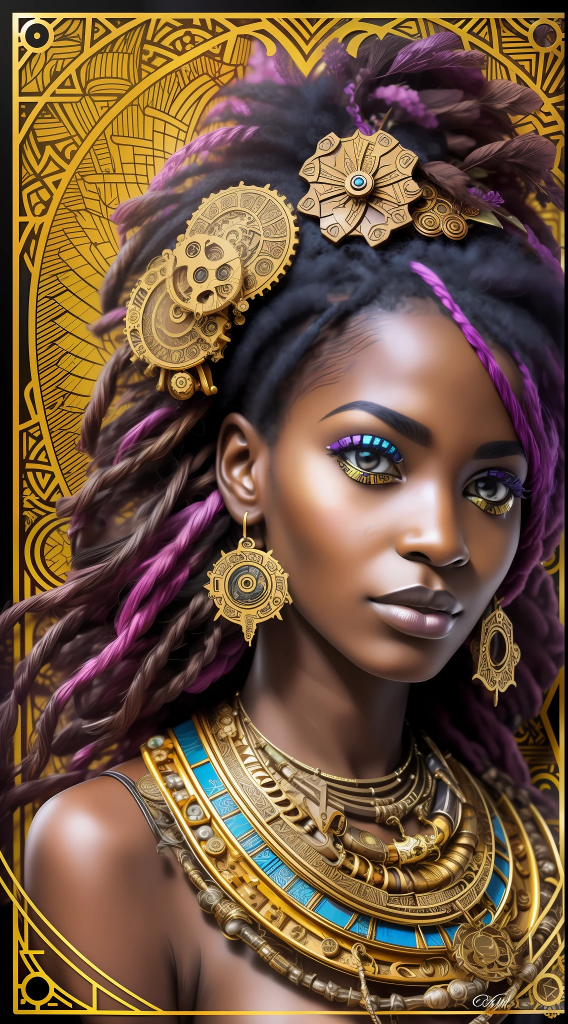 nvinkpunk, floral, steampunk (((African young-aged woman))), insanely beautiful woman, masterpiece, best quality, ((detailed face)), long messy hair, golden colors, bright eyes, ((award winning)), (High Detail), Sharp, 8k, trending on artstation, intricate, floral - ar 3:4 --auto --s2