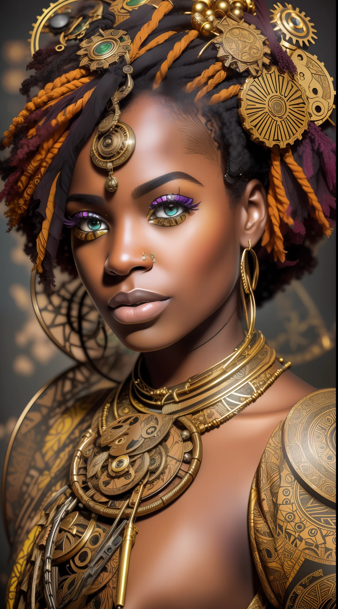 nvinkpunk, floral, steampunk (((African young-aged woman))), insanely beautiful woman, masterpiece, best quality, ((detailed face)), long messy hair, golden colors, bright eyes, ((award winning)), (High Detail), Sharp, 8k, trending on artstation, intricate, floral - ar 3:4 --auto --s2