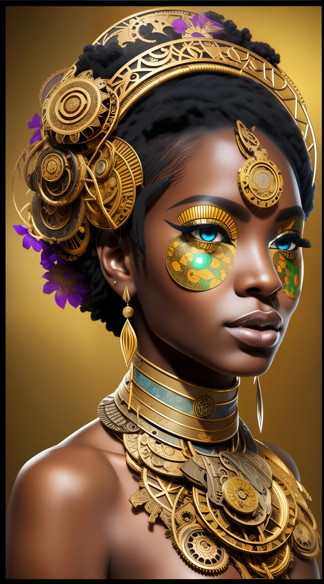 nvinkpunk, floral, steampunk (((African young-aged woman))), insanely beautiful woman, masterpiece, best quality, ((detailed face)), long messy hair, golden colors, bright eyes, ((award winning)), (High Detail), Sharp, 8k, trending on artstation, intricate, floral - ar 3:4 --auto --s2