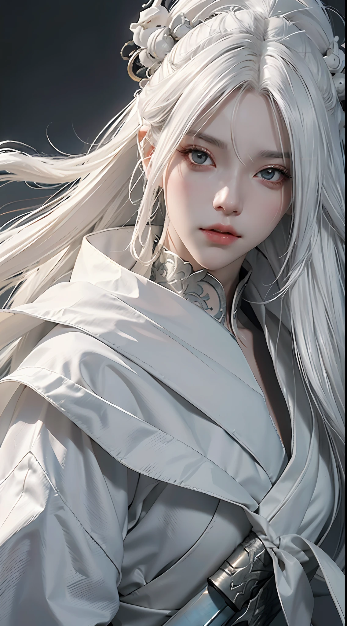 a close up of a person with white hair and a sword, white haired deity, with white long hair, with long white hair, artwork in the style of guweiz, white haired, guweiz, handsome guy in demon slayer art, beautiful character painting, by Yang J, white-haired, guweiz on pixiv artstation, anime character