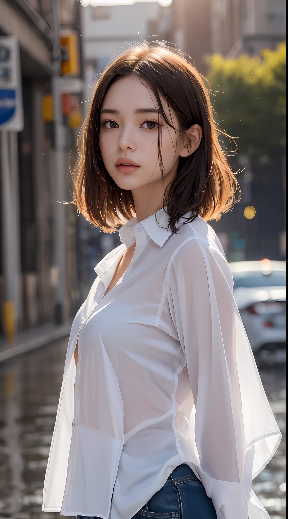 ((Top Quality, 8k, Masterpiece: 1.3)), Crisp Focus: 1.2, Beautiful Women with Perfect Figure: 1.4, Slender Abs: 1.2, ((Layer Cut, Big: 1.2)), (Wet White Button Up Long Shirt: 1.1), (Rain, Street: 1.2), Wet Body: 1.5, Highly Detailed Face and Skin Texture, Detailed Eyes, Double Eyelids, Orange Light of Western Sun, Madder Sky, Dazzling Western Sun, dusk, night barrage, darkness, whole body, standing, 9 heads