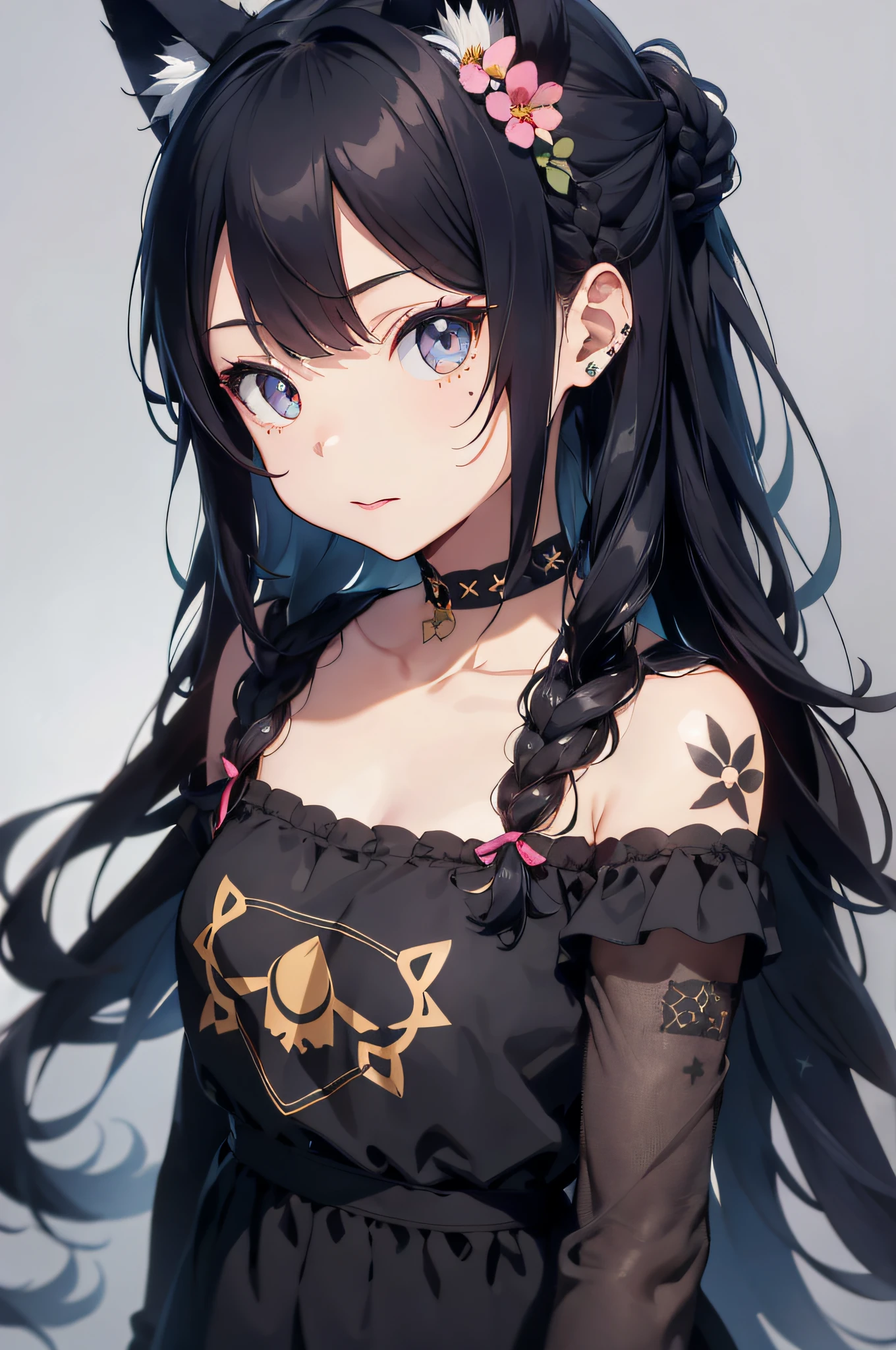 lorua, 1girl, cat ears, bangs, black background, black hair, dull bangs, braids, bunny ornaments, bunny tattoos, chest tattoos,, collarbones, colored eyelashes, cross lace clothes, facial tattoos, cat ears, flowers, flower tattoos, full body tattoos, hair flowers, hair ornaments, jewelry, (limited palette)), long hair, long sleeves, watch viewer, neck tattoo, off-shoulder, cat ears, Side lock, simple background, tongue sticking out, twin blades, underwear, very long hair, ((masterpiece)) wakame, wakame,