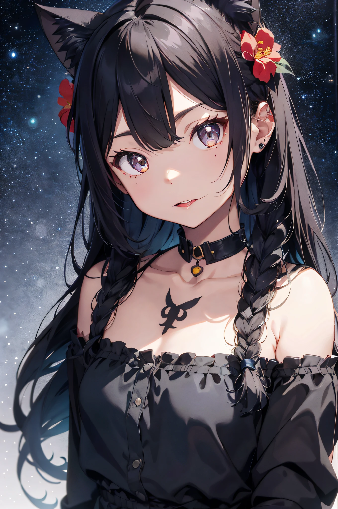 lorua, 1girl, cat ears, bangs, black background, black hair, dull bangs, braids, bunny ornaments, bunny tattoos, chest tattoos,, collarbones, colored eyelashes, cross lace clothes, facial tattoos, cat ears, flowers, flower tattoos, full body tattoos, hair flowers, hair ornaments, jewelry, (limited palette)), long hair, long sleeves, watch viewer, neck tattoo, off-shoulder, cat ears, Side lock, simple background, tongue sticking out, twin blades, underwear, very long hair, ((masterpiece)) wakame, wakame,