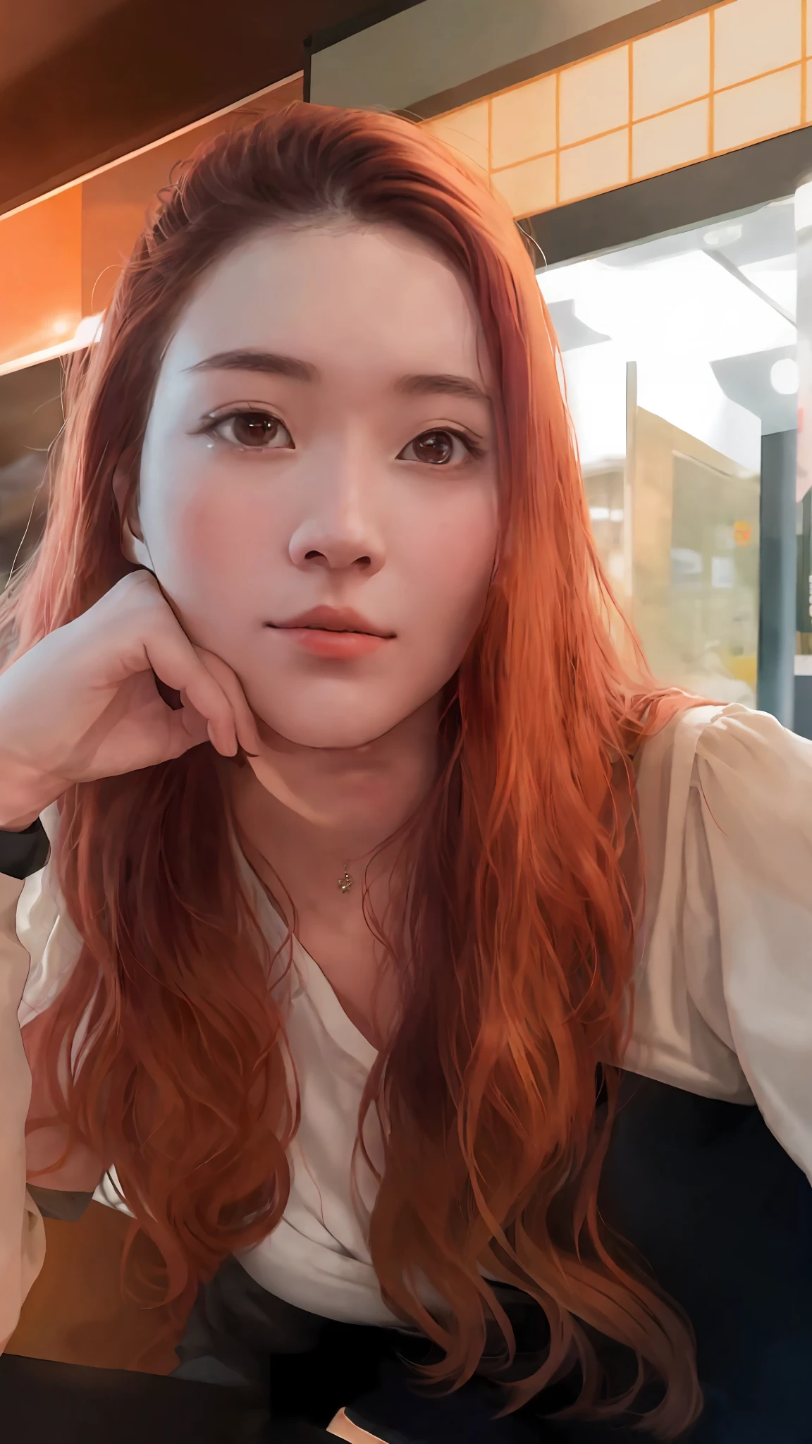 There is a woman sitting at a table with a cell phone, 3 0 years old, 30 years old woman, 30 years old Korean woman, selfie of a young woman, about 20 yo, ayahausca, she has long red hair, Lorena Avarez, 2 8 years old, 2 7 years old