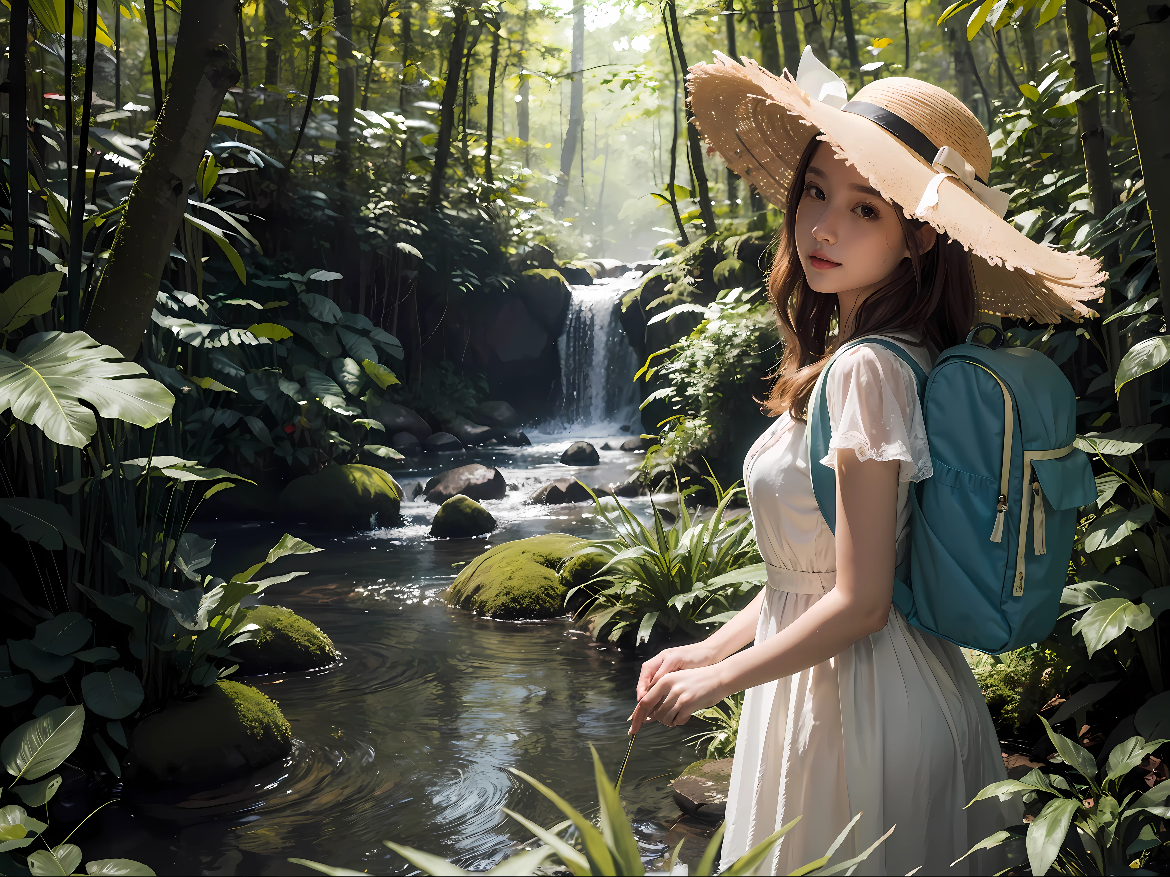 ((best quality)), ((masterpiece)), (detailed), (realistic), (vibrant), young girl, golden sunlight filtering through the dense forest canopy, casting dappled shadows on the lush greenery, wearing a charming straw hat, flowing white dress gently swaying in the breeze, a small backpack resting comfortably on her back, filled with curiosity and joy, as she joyfully runs through the enchanted woods, surrounded by whimsical creatures and colorful flowers. [fantasy art:1.2], (painterly style:1.1), (nature exploration:1.1), [Thomas Kinkade:0.9], (digital illustration:1.2)