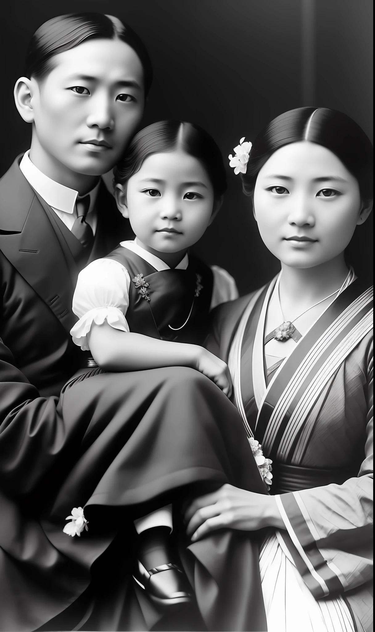 Imagine ((8k:1.27), best quality, masterpiece, ultra highres:1.2) Photo of an early twentieth-century immigrant Japanese family, (beautiful:1.1) (immigrants:1.1) elegant, (monochrome), detailed, metric by Greg Rutkowski and Alphonse Mucha, gradient lighting. --auto --s2