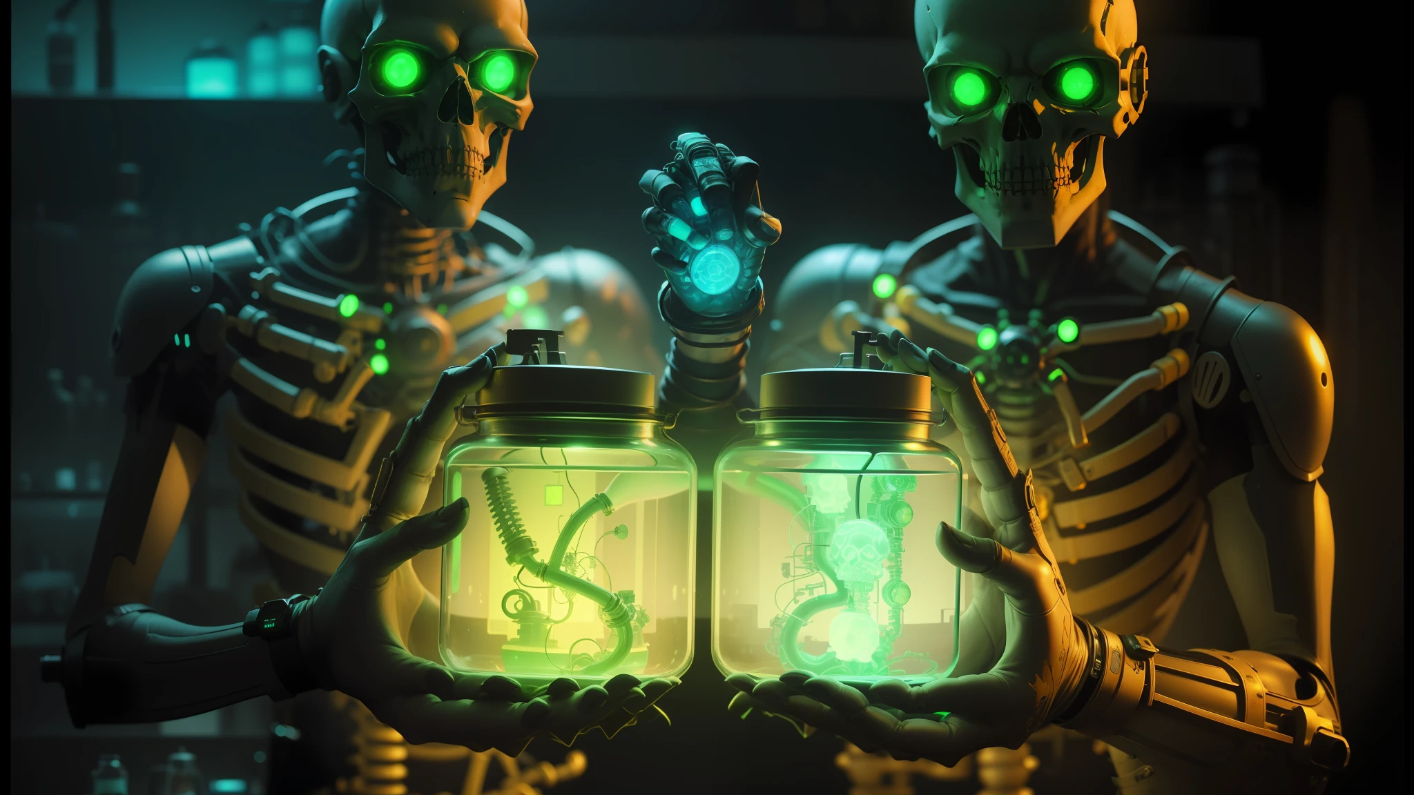 two skeletons holding jars with glowing green lights in their hands, glowing jar, neon heart reactor, in a steampunk laboratory, biopunk art, biopunk style, horror science fiction, detailed glowing red implants, mechanoluminescence, glowing potions, dieselpunk biological living, biopunk, biohacking, neon steampunk, nootropic stimulant, body full glowing vacuum tubes --auto --s2