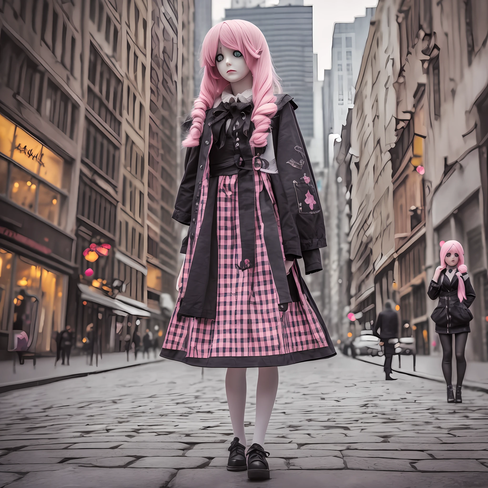 (best quality), (realistic photo), (dark) death, loneliness, mystery, rag doll, full body, pink hair, stitched eyes, in a city made of modeling dough. --auto --s2