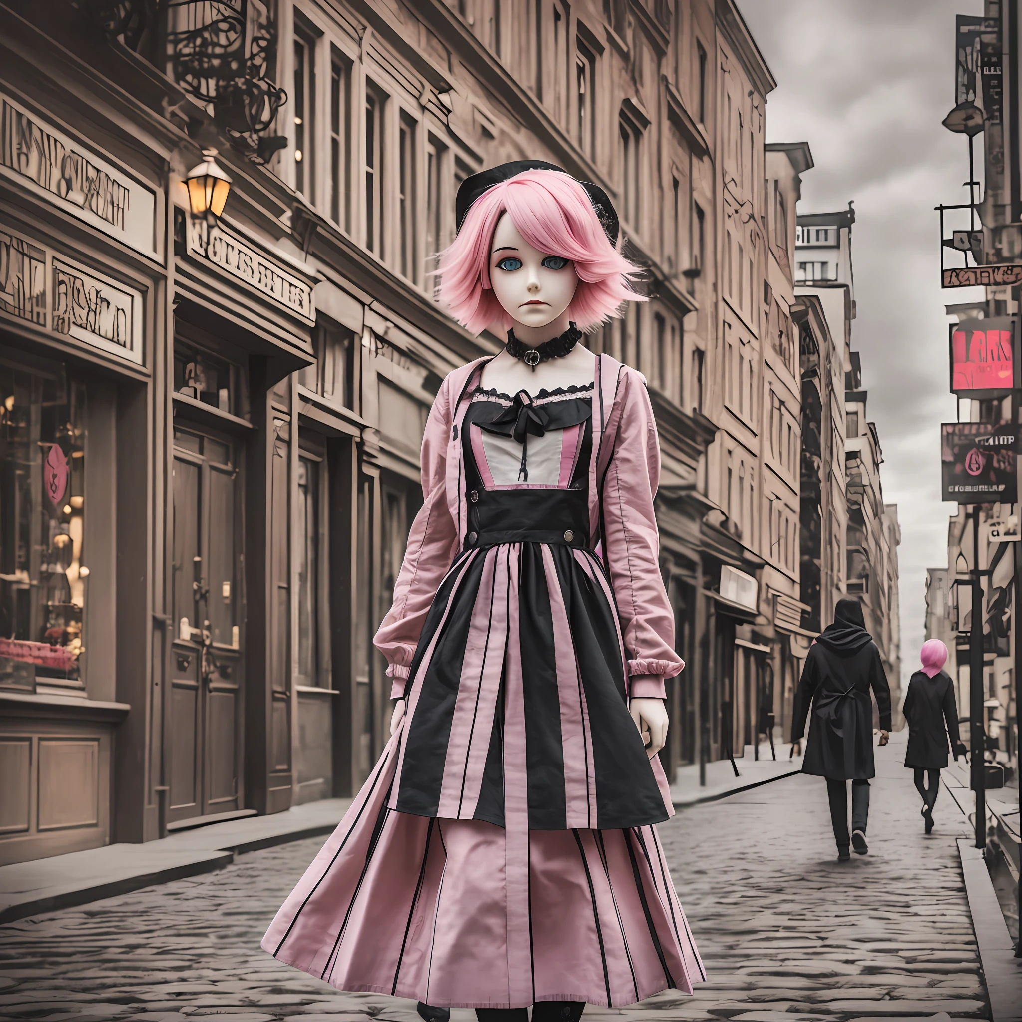 (best quality), (realistic photo), (dark) death, loneliness, mystery, rag doll, full body, pink hair, stitched eyes, in a city made of modeling dough. --auto --s2