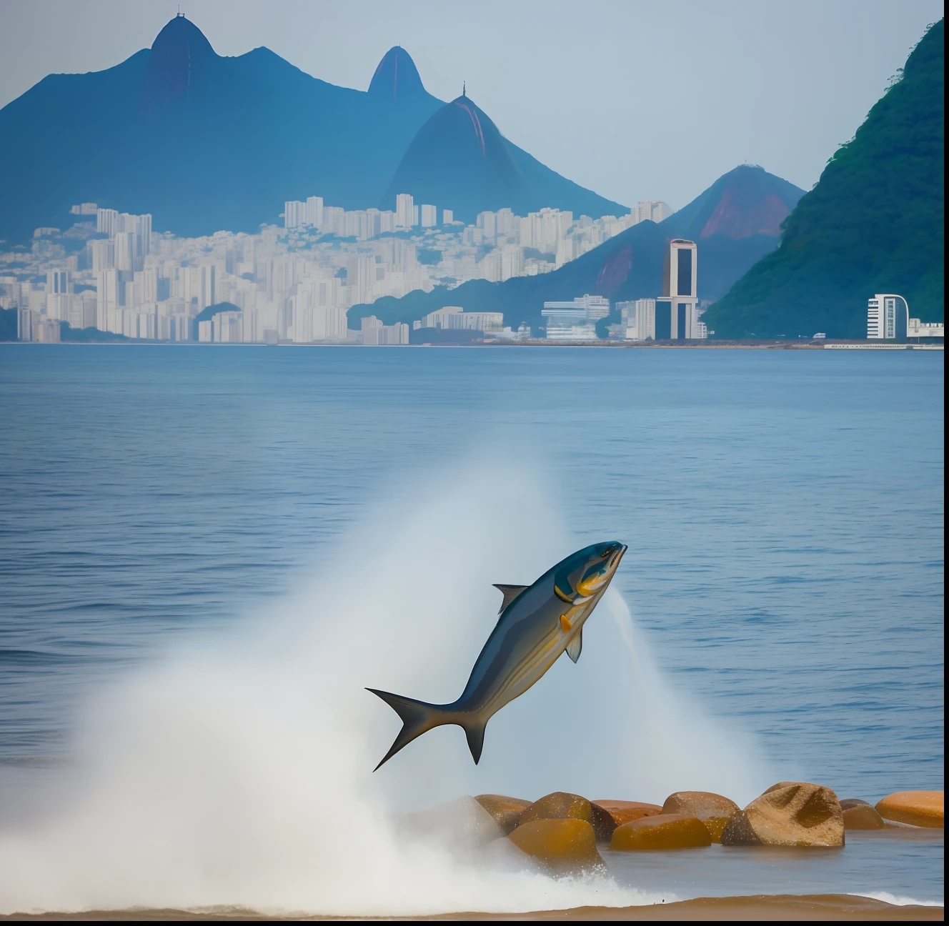 fish jumping in the background, oily (Corcovado in Rio de Janeiro) in the background