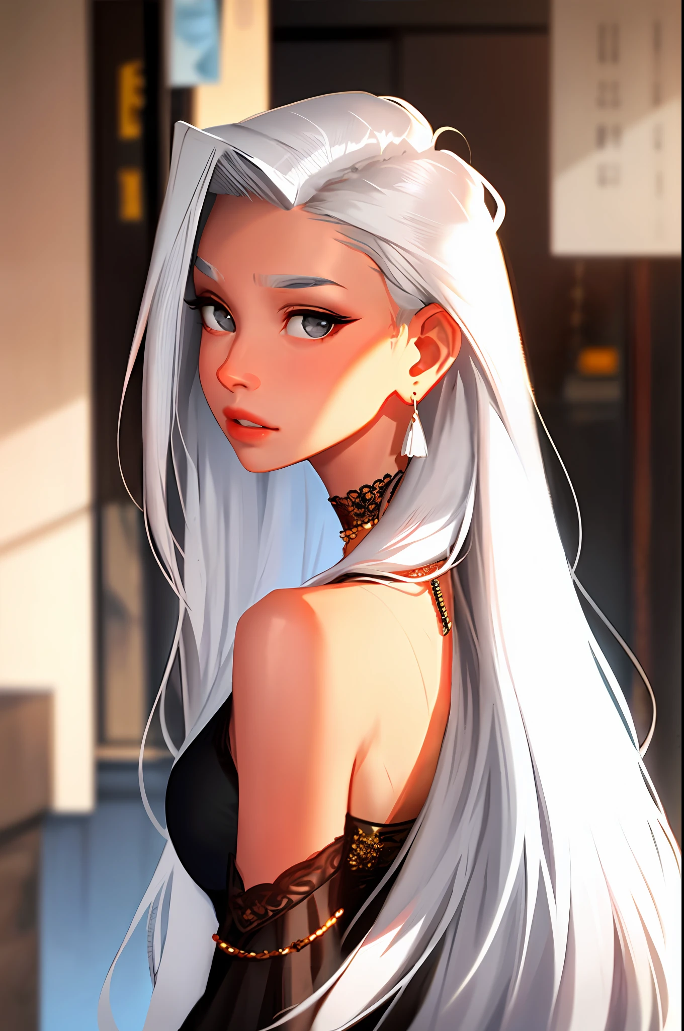 Sam Yang, 1girl, back, bare shoulders, gray eyes, long white hair, bangs, earrings, fair skin, jewelry, lips, long hair, looks at the viewer looking back, necklace, off-the-shoulders, parted lips, portrait, day, depth of field, solo, ((masterpiece))