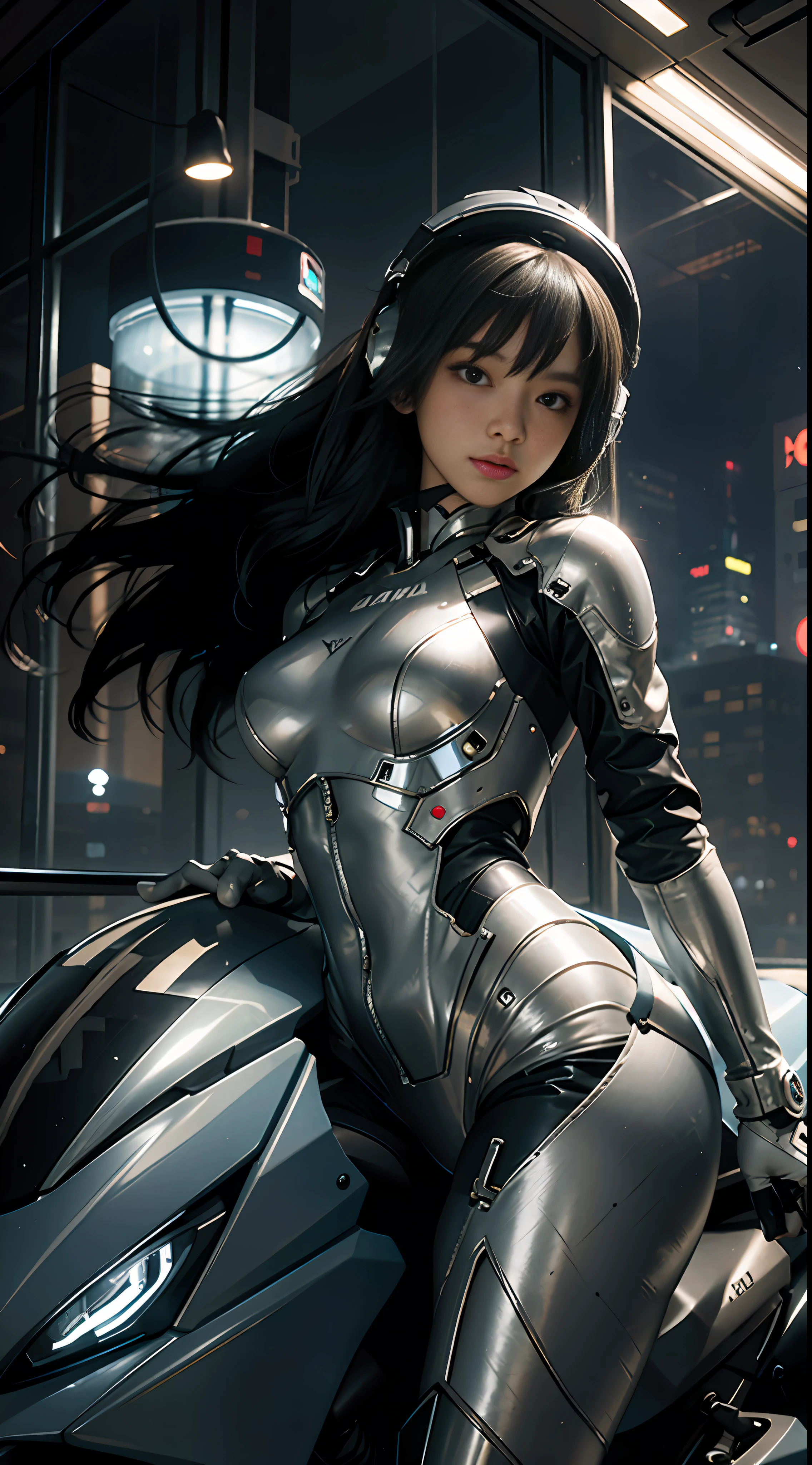 Highest image quality, outstanding detail, ultra-high resolution, (realism: 1.4), the best illustration, favor details, highly condensed 1girl, looking at viewer,with a delicate and beautiful face, wearing a silver mech, wearing a mecha helmet, holding a directional controller, riding on a motorcycle, the background is a high-tech lighting scene of the future city.