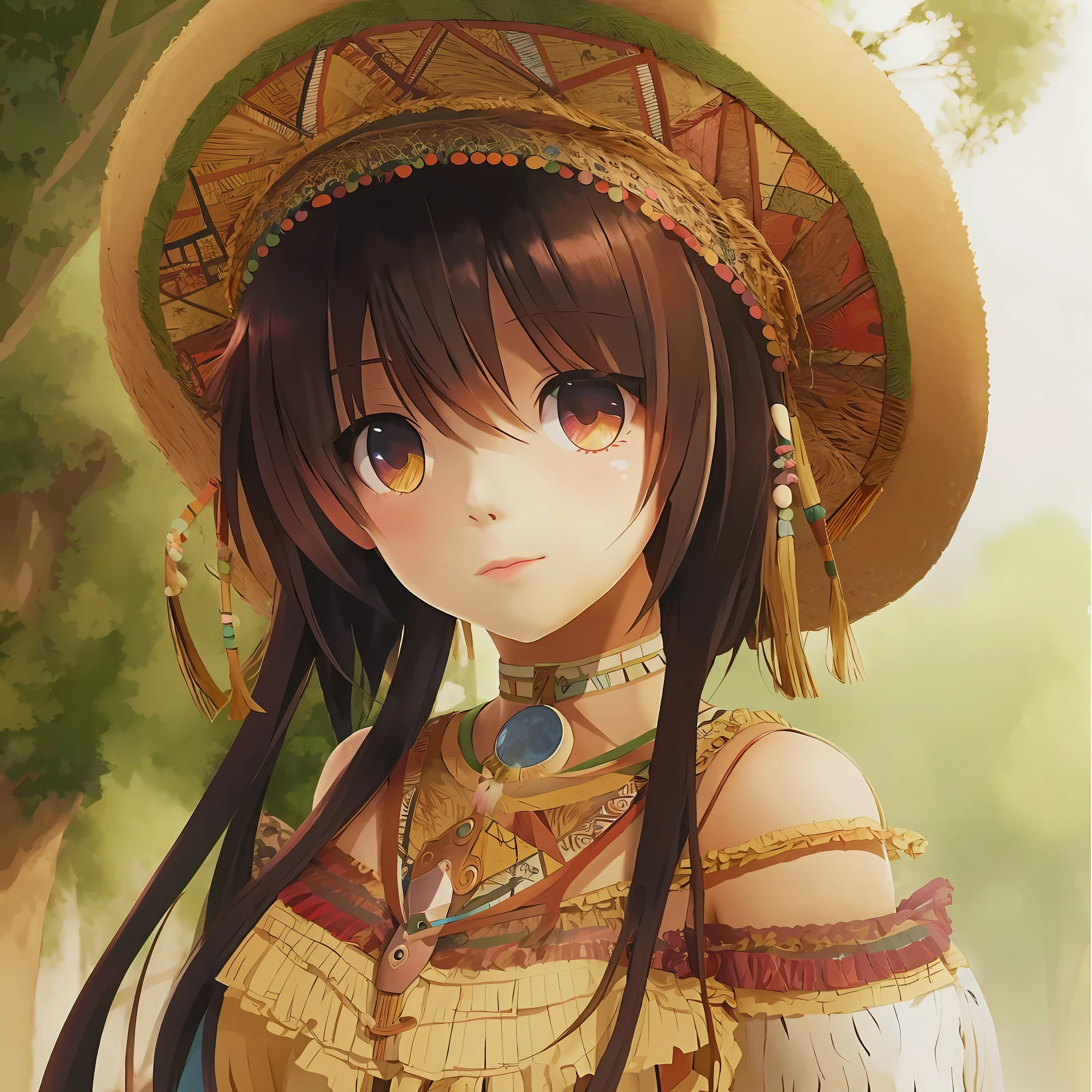 anime girl with a straw hat and feathered dress in a field, boho chic | | very anime!!!, cute anime girl, (anime girl), anime visual of a cute girl, smooth anime cg art, beautiful anime girl, cute anime girl portraits, aztec princess portrait, pretty anime girl, cute anime girl portrait, beautiful anime portrait