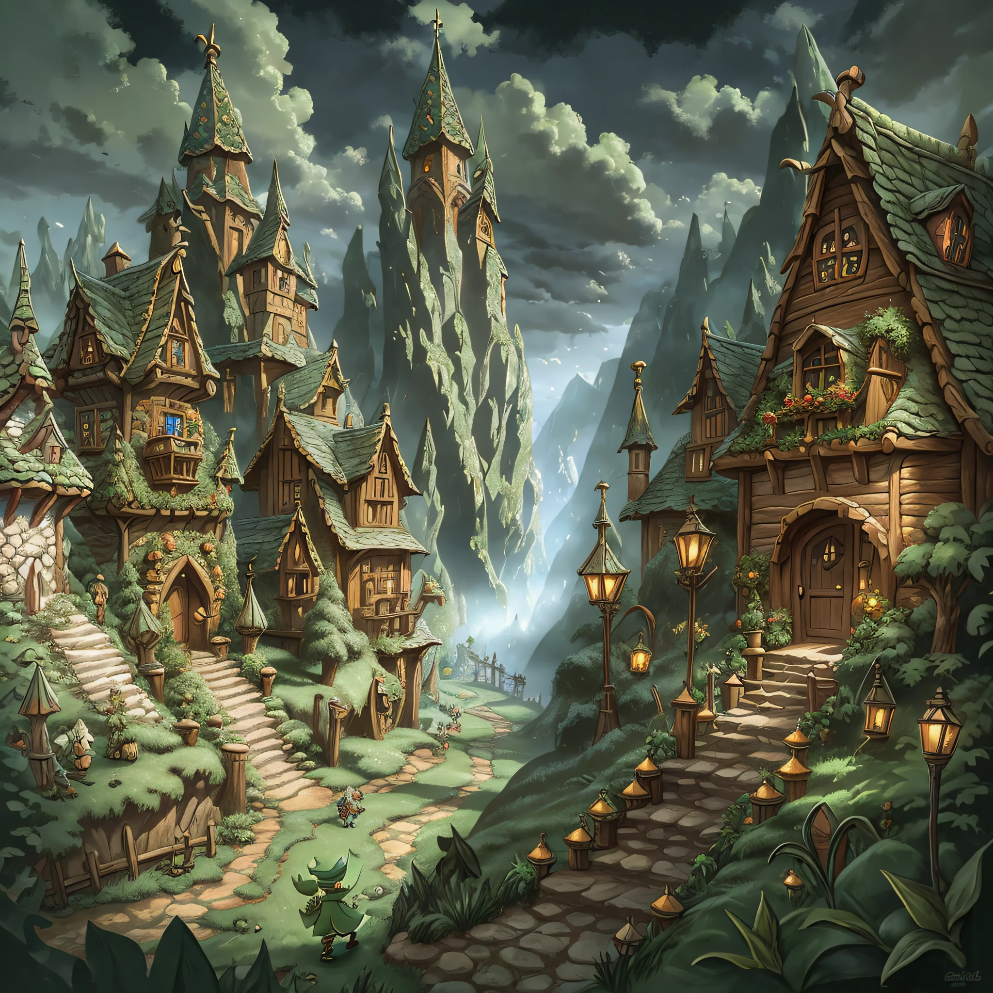 Caricature drawing of Enchanted Village with green goblins and sacanas with pots of gold --auto --s2