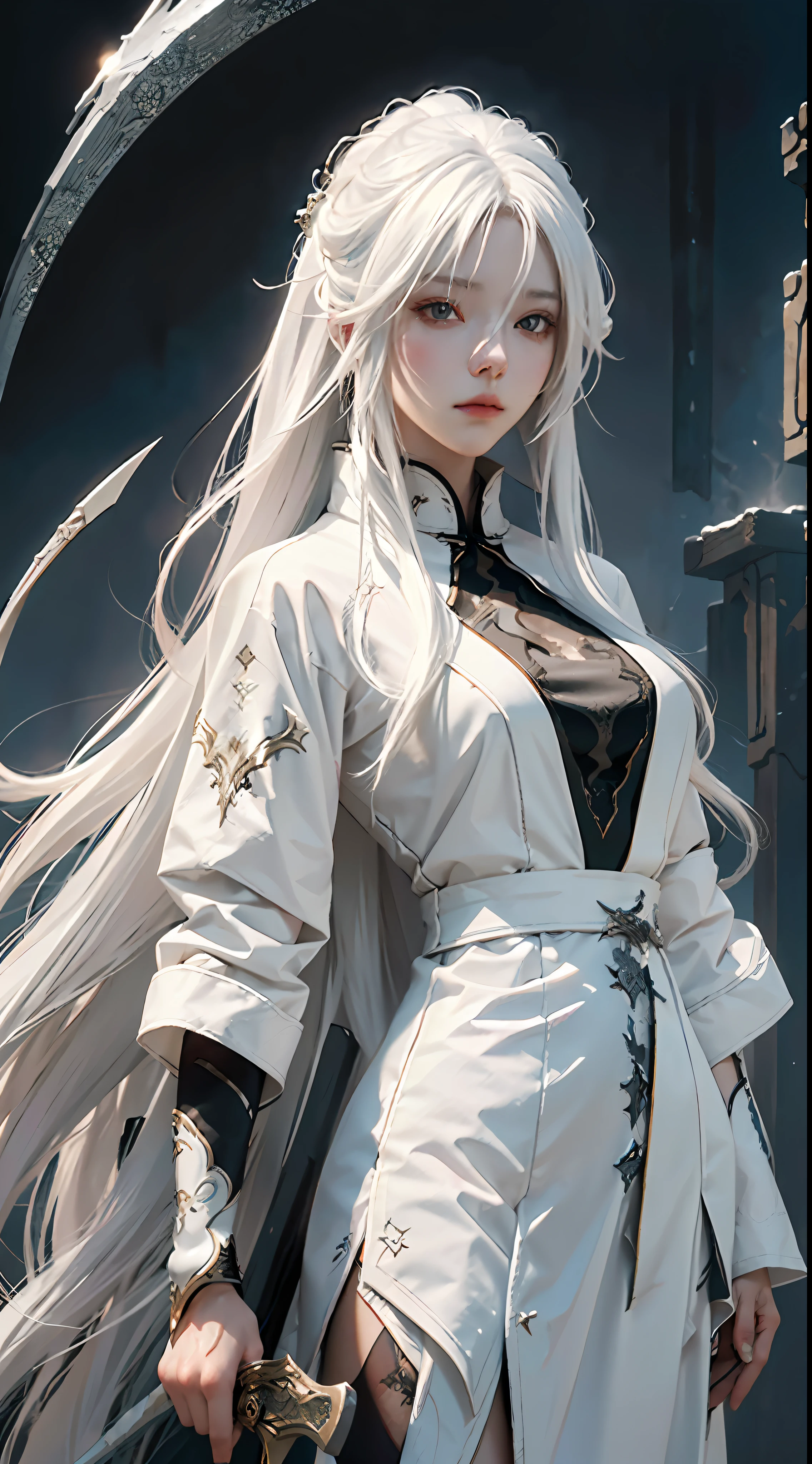 a close up of a person with white hair and a sword, white haired deity, with white long hair, with long white hair, artwork in the style of guweiz, white haired, guweiz, handsome guy in demon slayer art, beautiful character painting, by Yang J, white-haired, guweiz on pixiv artstation, anime character