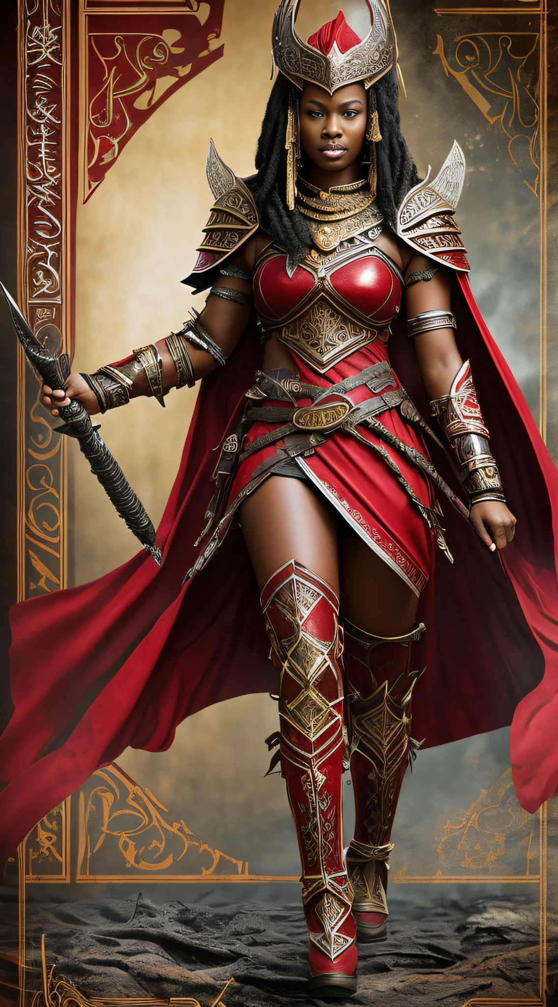Realistic photograph in 8k, full body of very dark skin natural, dread hair curly, African woman with sword in hand and in the other artifact made with large buffalo tail, red calligraphy cape, hood covering head and part of face, dark skin African goddess of war, open arm, mystical valkyrie, orisha oyá, Iansâ, santa barbara, artifact buffalo horn at waist, hooded calligraphy, dark and gloomy, red skirt, paladin costume woman flowing red dress calligraphy, warrior woman, north adult warrior woman, 45 years old, facial tattoo african calligraphy, valkyrie style character with red calligraphy dress --auto --s2