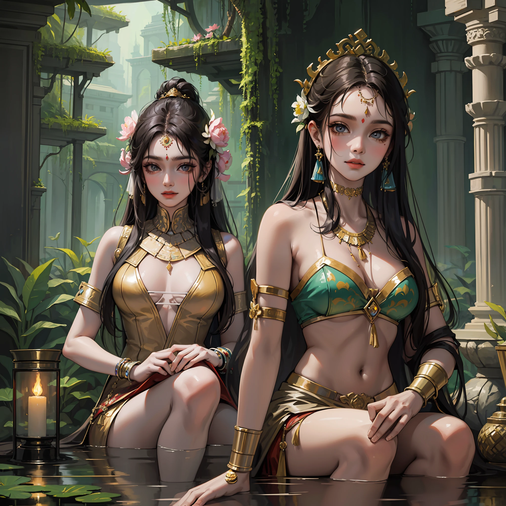best quality, masterpiece, highly detailed, ancient India, 2 Ancient beautiful sexy Indian women, 2 women, detailed face, royal, ancient traditional cyberpunk Indian village, long lost Indian fantasy, ancient cyberpunk Indus valley civilization, lotus, water pools, idols, temples, lamps, robes, plants