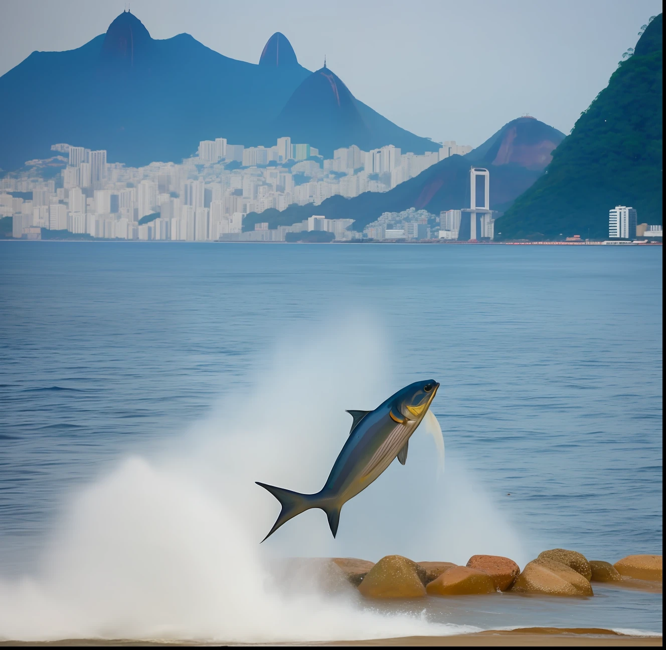 fish jumping in the background, oily (Corcovado in Rio de Janeiro) in the background