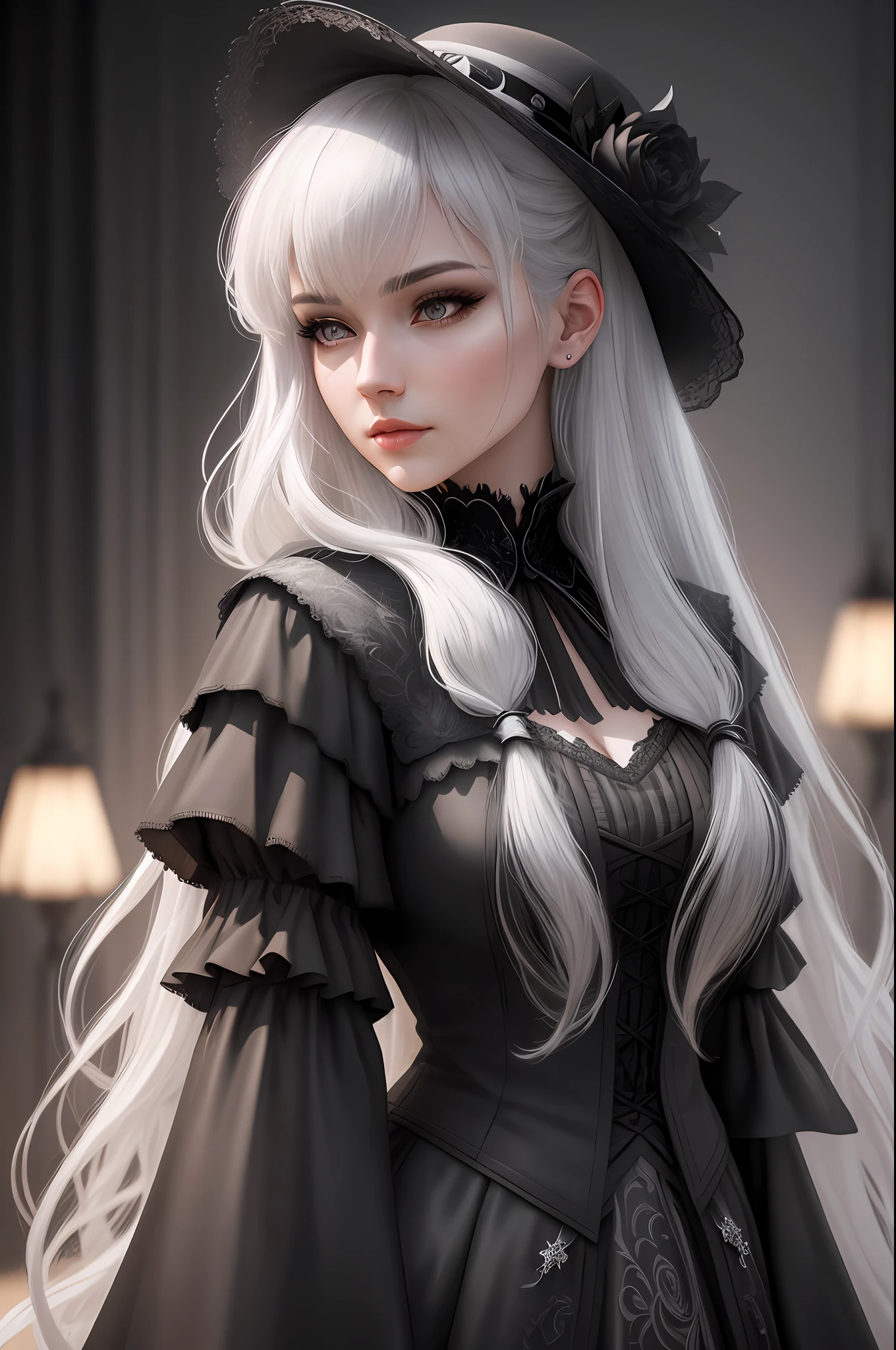 Elegant woman with long white hair and bangs, gray eyes, thin face, dressed in black dress, gothic style, masterpiece, best quality, highest quality, cinematic lighting, (volumetric lighting), extremely detailed CG 8k wallpaper block, focused, 8k wallpaper, 4k wallpaper, extremely detailed, ultra-realistic, photorealistic, sharp focus, absurd, (HDR: 1.2), (high contrast), photography, detailed and intricate, instagram, portrait, high detailed, digital painting, art station, concept art, smooth, sharp focus, illustration, cinematic lighting,