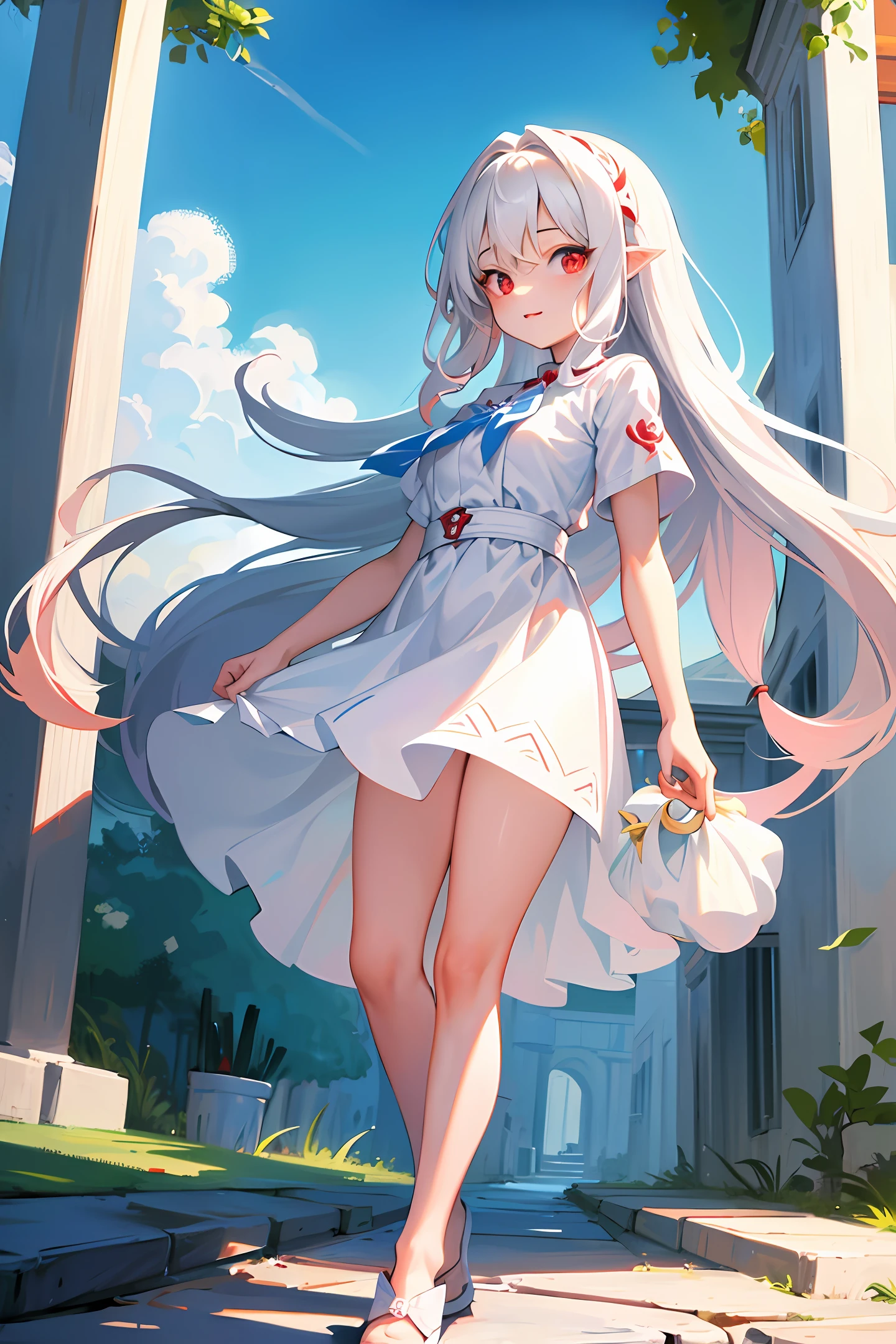 ((Masterpiece))), Top Quality, Illustration, (()), Light White Long Hair, Beautiful Detailed Red Eyes, (((White Seraphuk)), Short Sleeves, ((((Cute)))), ((Cute Face)), Full Body, Solo Focus, Standing, Happy, Big Tits, Baby Face